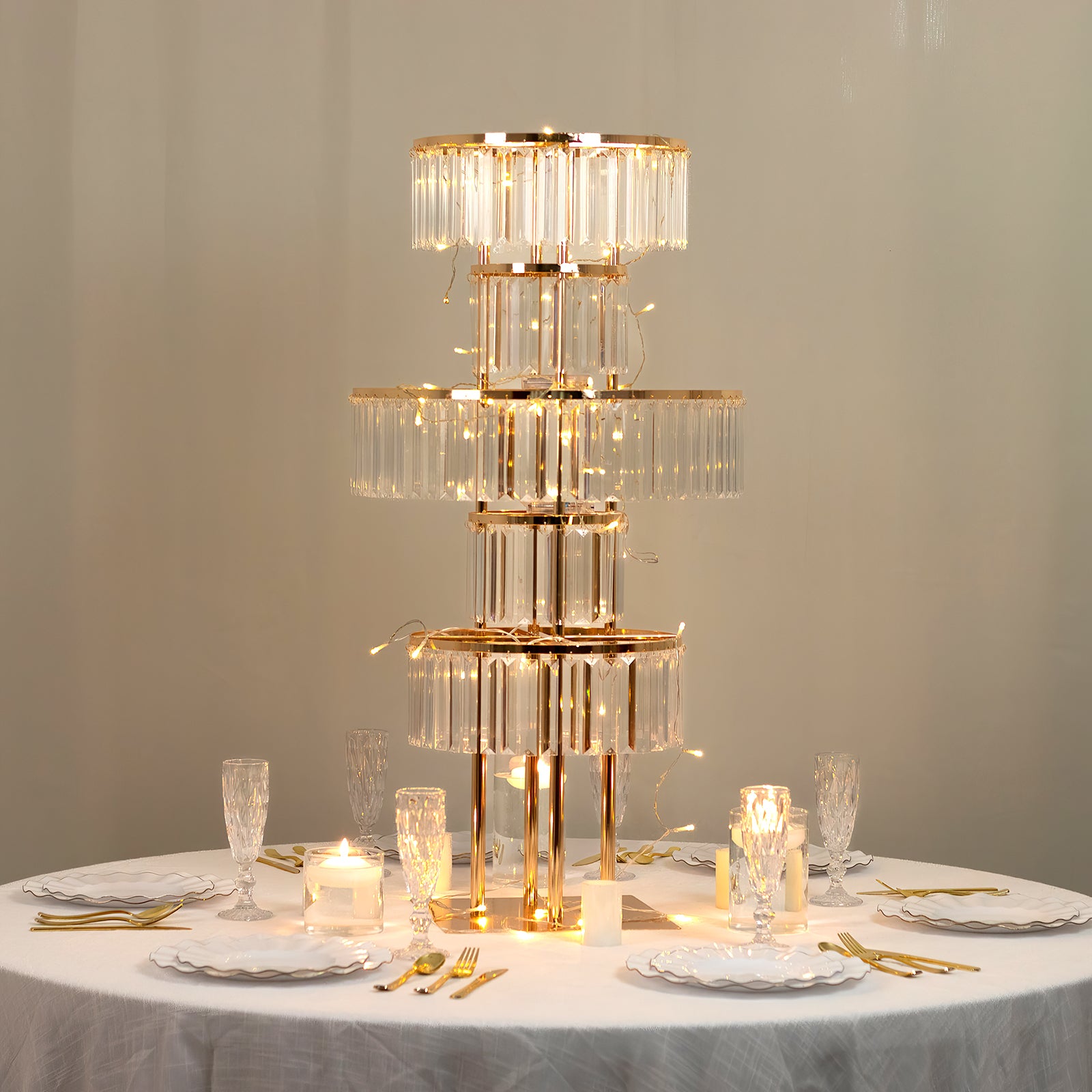 ◆サイドテーブル◆Φ40cm◆ウォールナット◆PYD05-11◆ Gold 5-Tier Crystal Flower Stand Centerpiece 40