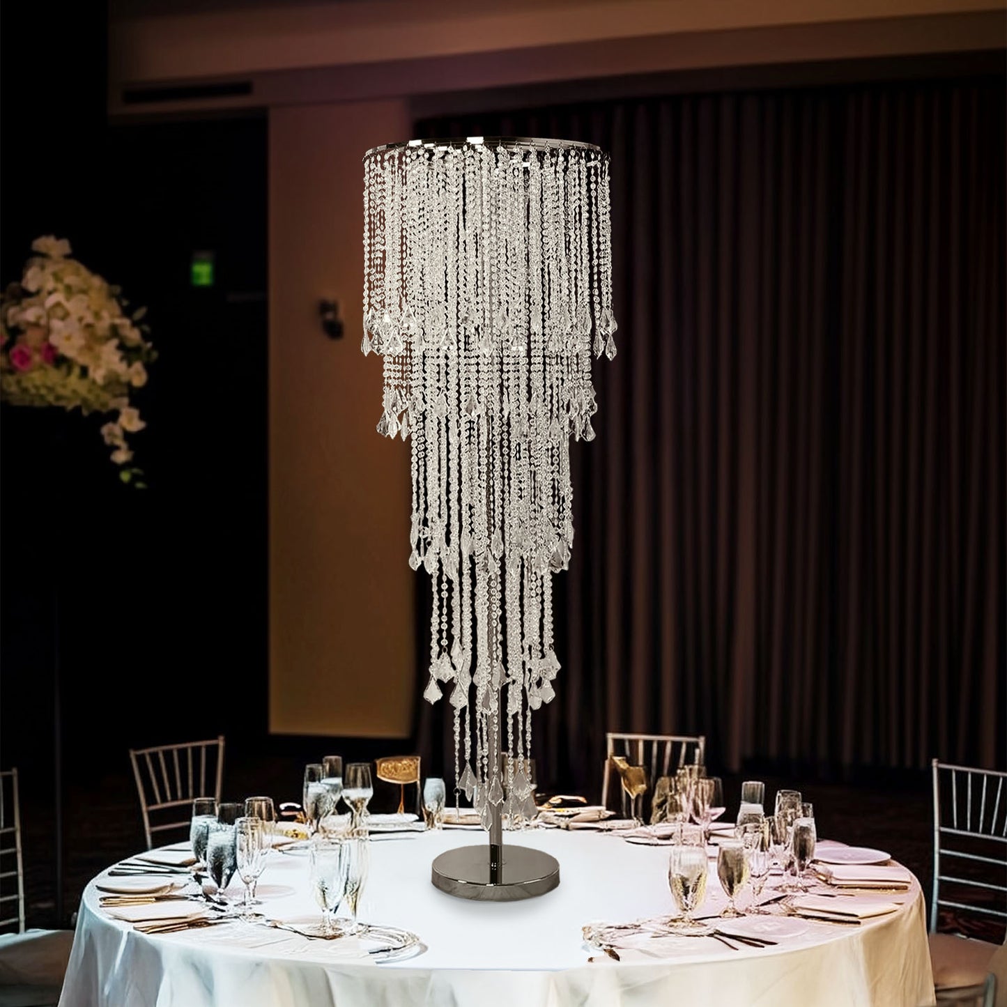 4ft Table Centerpiece in Crystal Beaded Waterfall Chandelier Style – Cascading Metal Floral Stand for Weddings & Luxury Event Décor