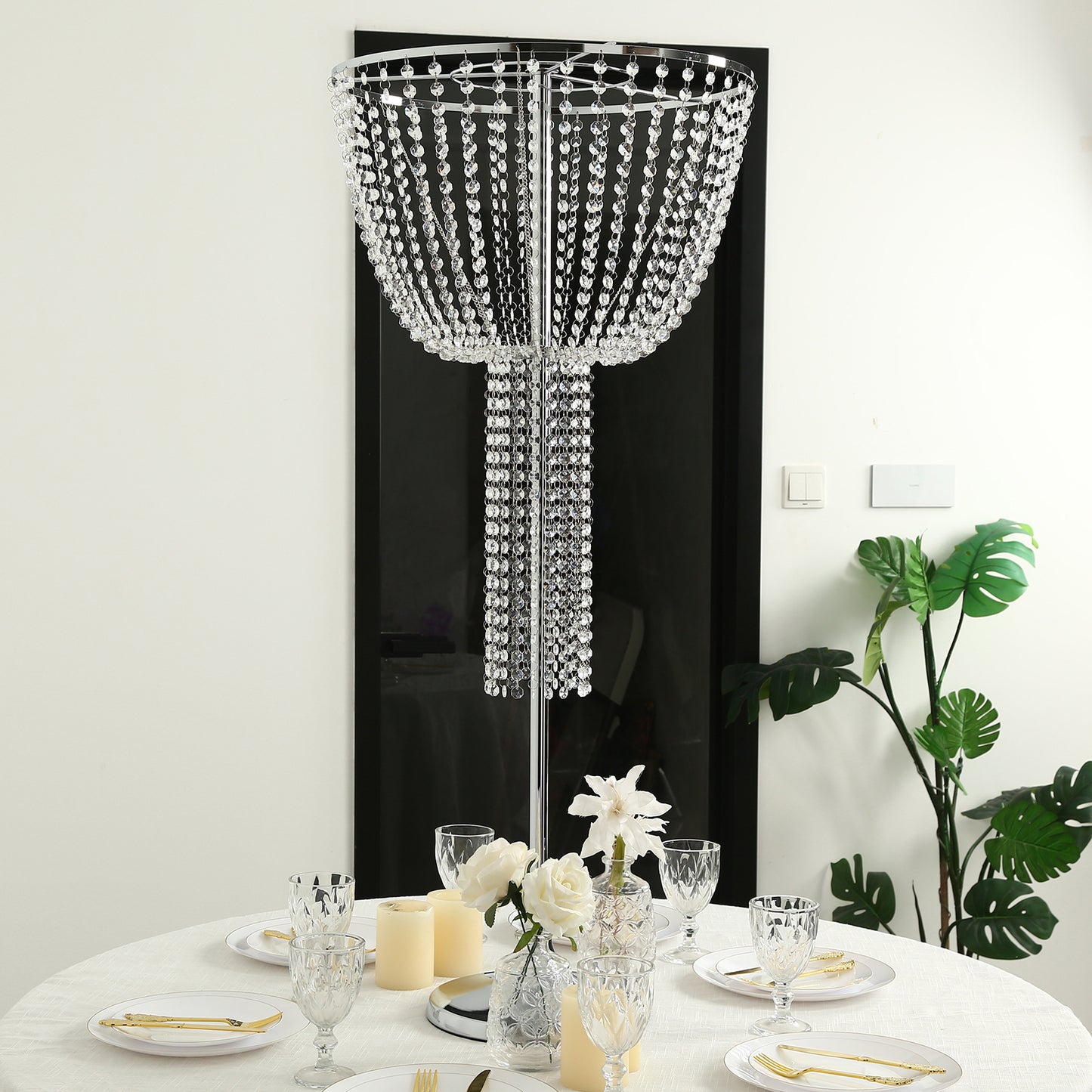 Metal Goblet Flower Stand 45" Tall – Round, Silver – Chandelier-Style Wedding Centerpiece with Acryl