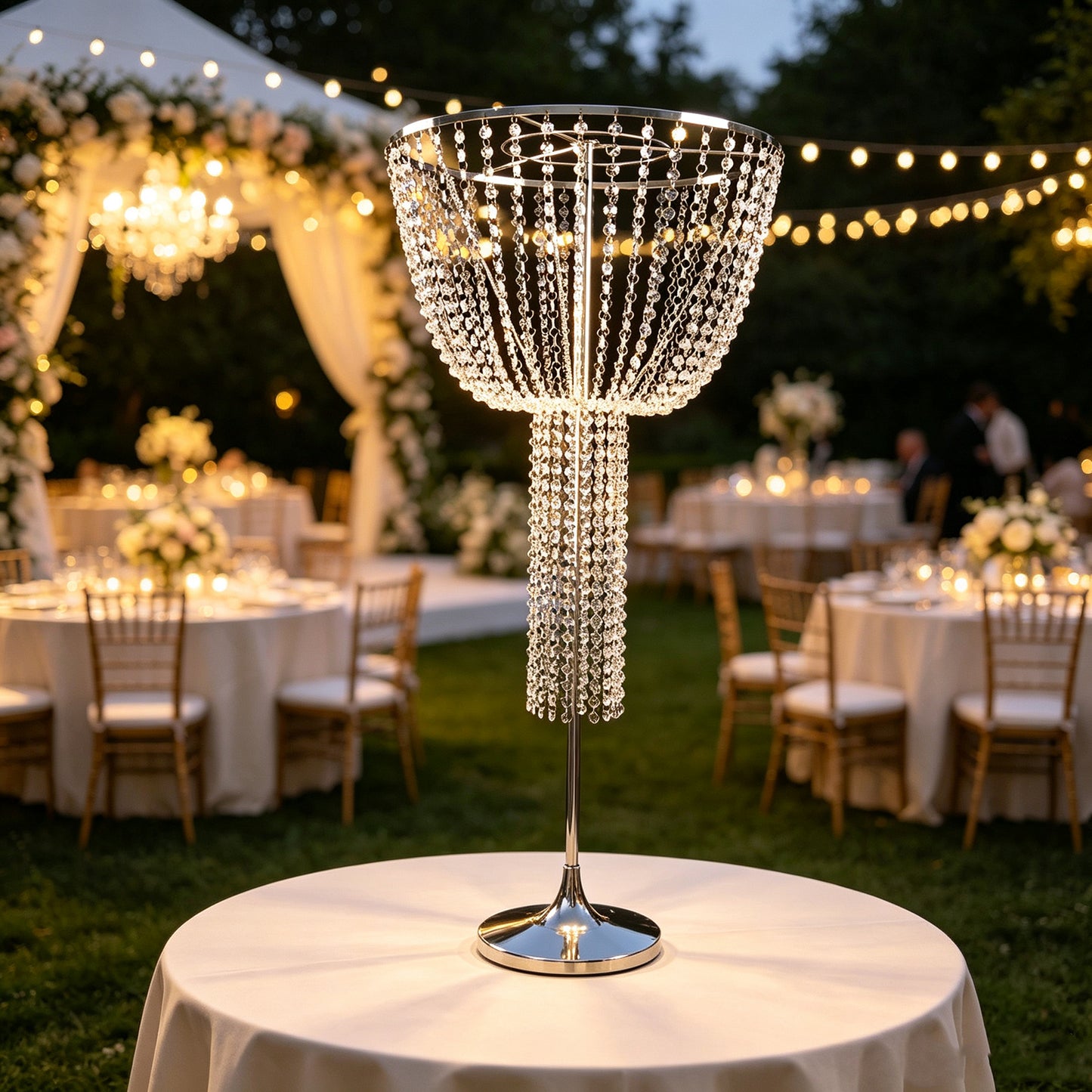 Metal Goblet Flower Stand 45" Tall – Round, Silver – Chandelier-Style Wedding Centerpiece with Acryl