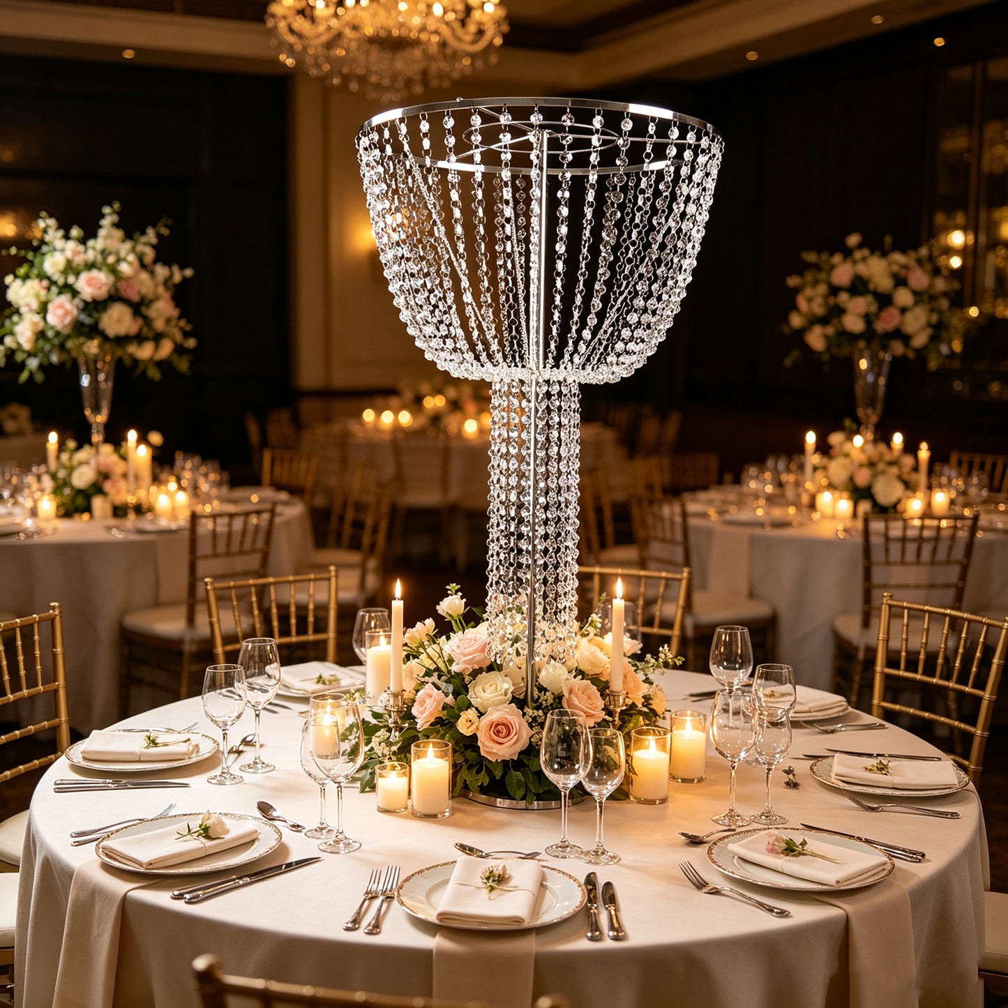 Metal Goblet Flower Stand 45" Tall – Round, Silver – Chandelier-Style Wedding Centerpiece with Acryl