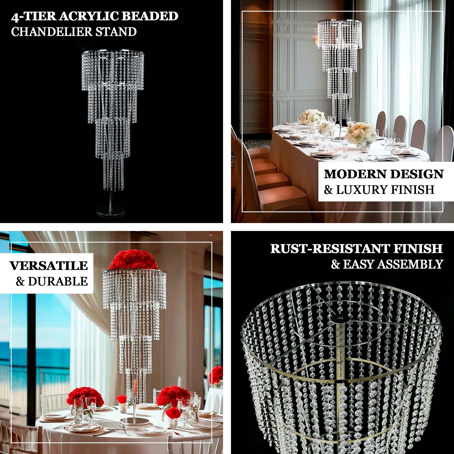 Clear beaded chandelier centerpiece for elegant wedding and party decor.