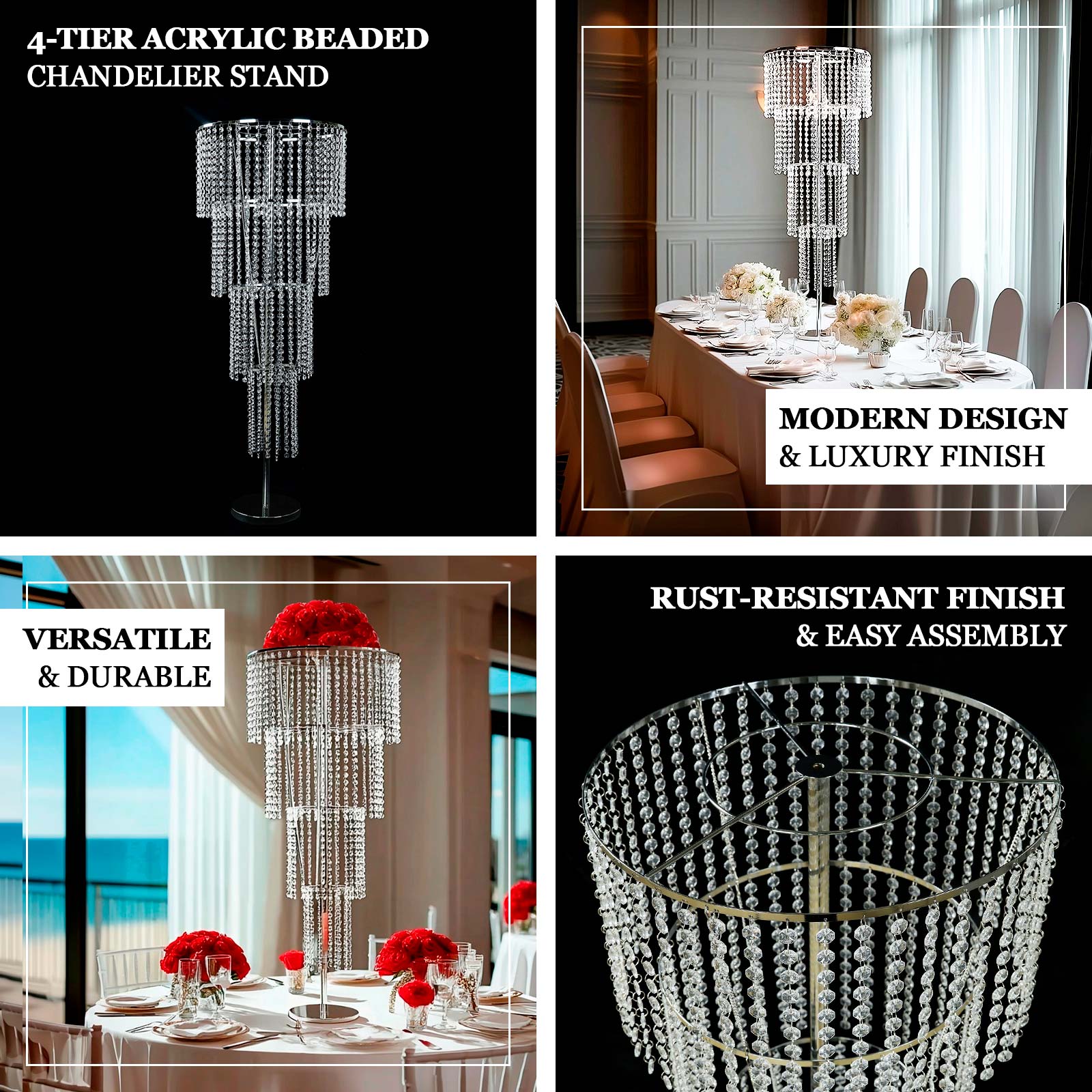 Clear beaded chandelier centerpiece for elegant wedding and party decor.