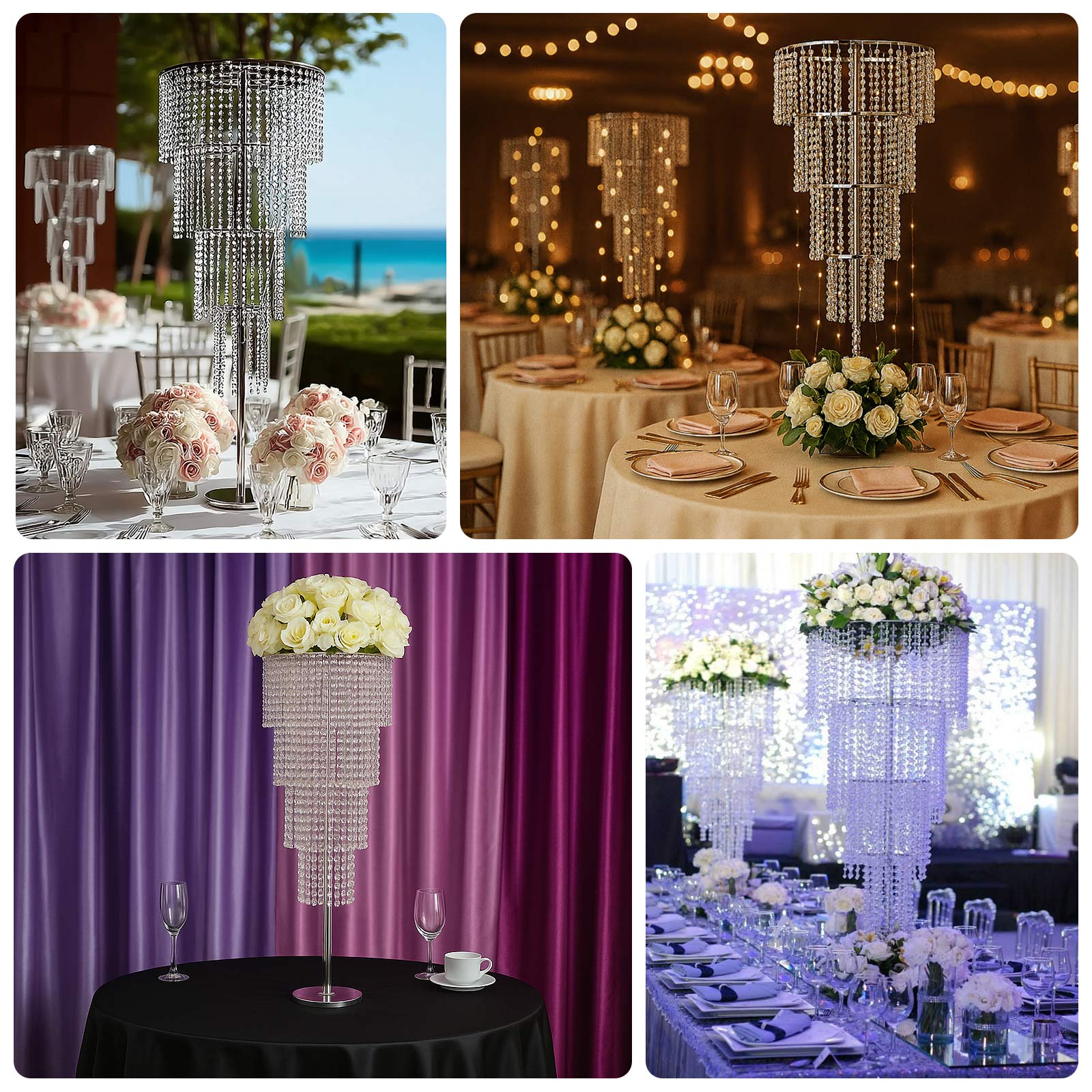 Clear acrylic beaded chandelier centerpiece for elegant wedding and party decor.