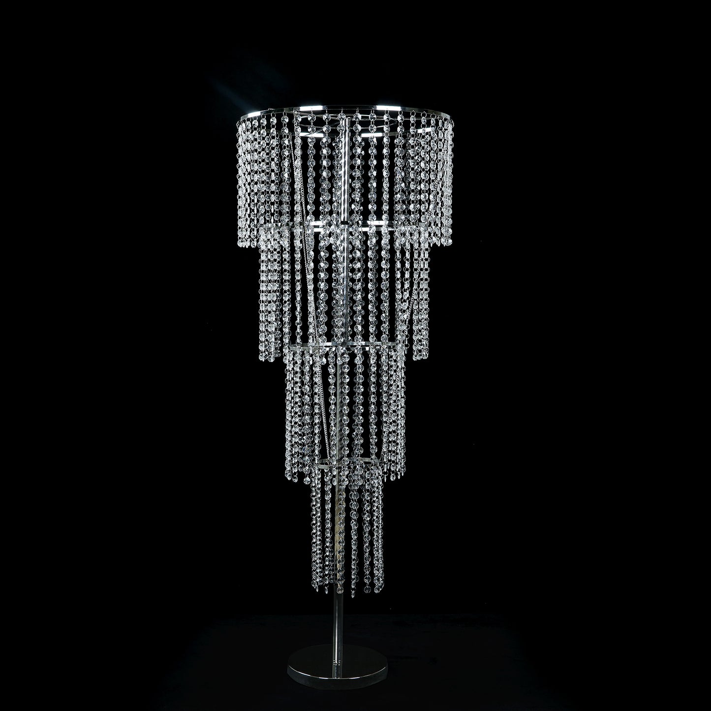 Clear acrylic beaded chandelier centerpiece for elegant table decor.