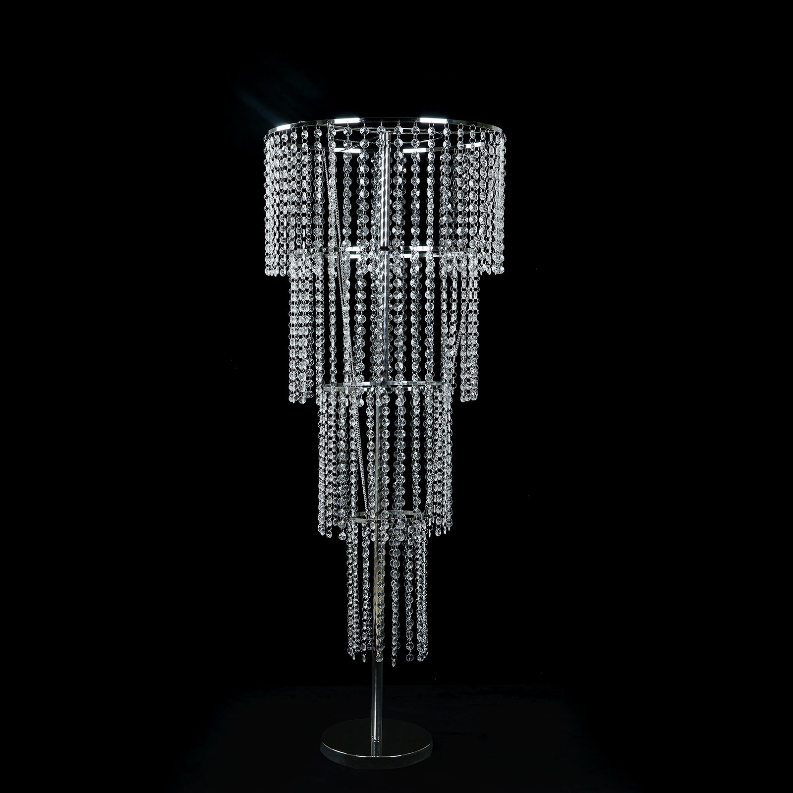 Clear acrylic beaded chandelier centerpiece for elegant table decor.