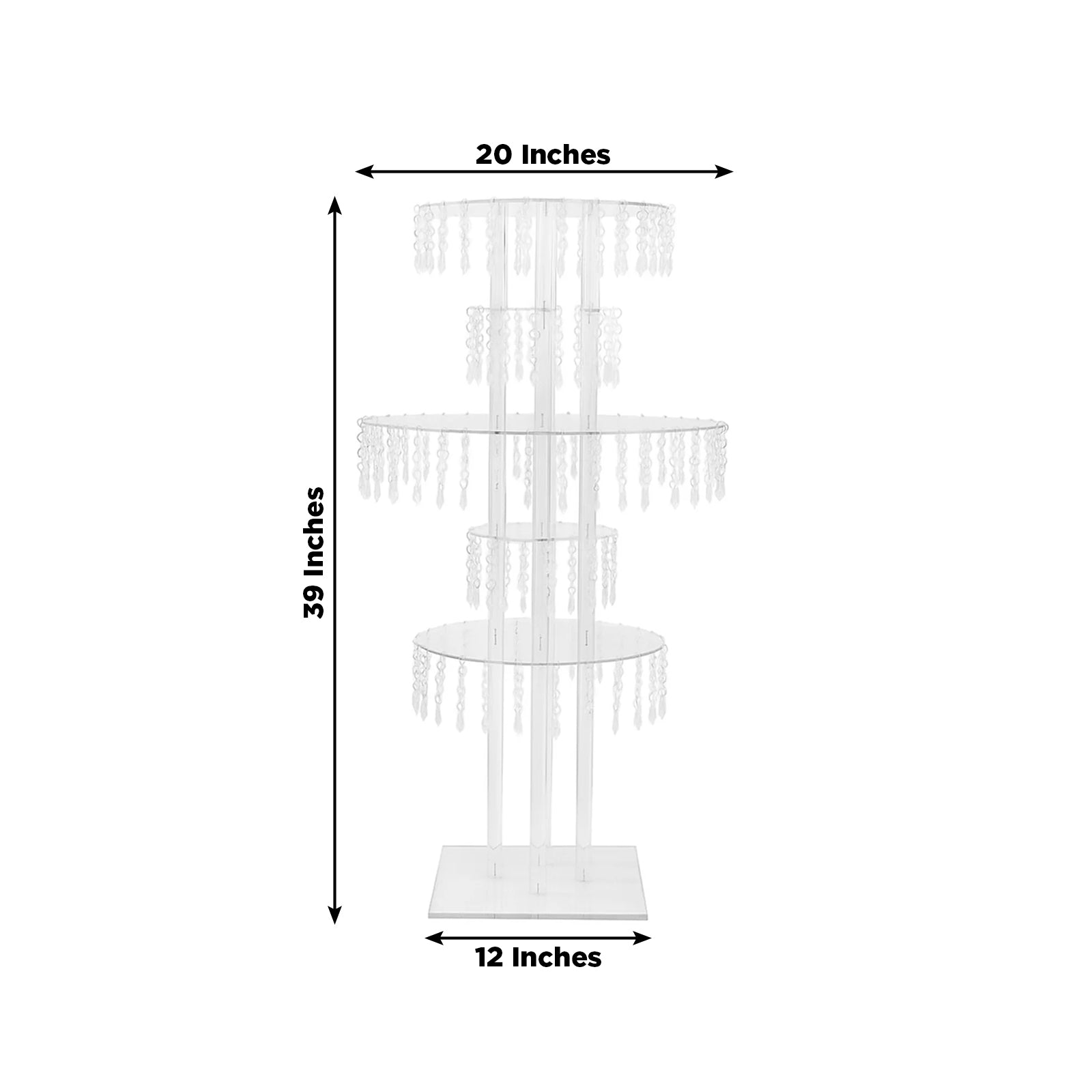 Clear acrylic chandelier flower stand with hanging crystals, 39" tall.