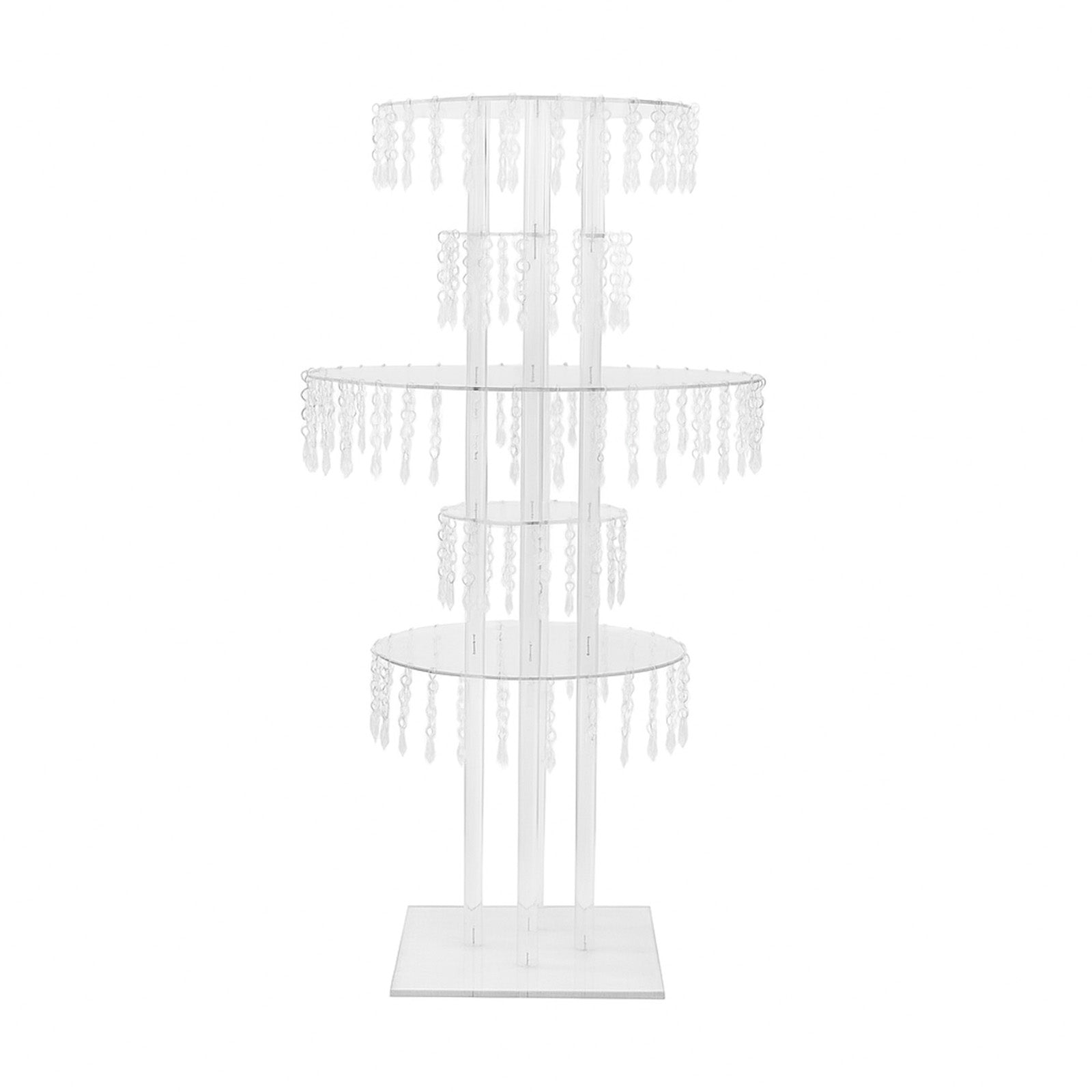 Clear acrylic chandelier flower stand with hanging crystals, 39" tall.