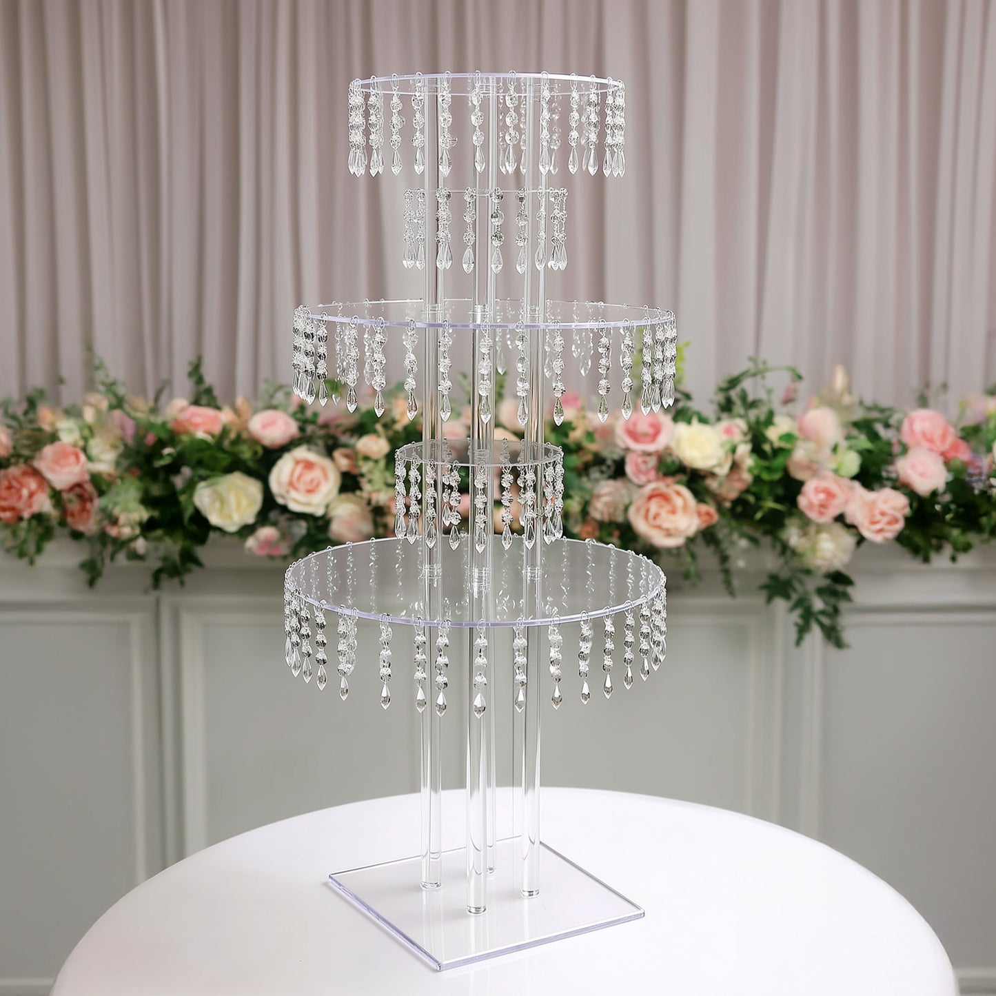 Clear acrylic chandelier flower stand with hanging crystals, 39" tall centerpiece.
