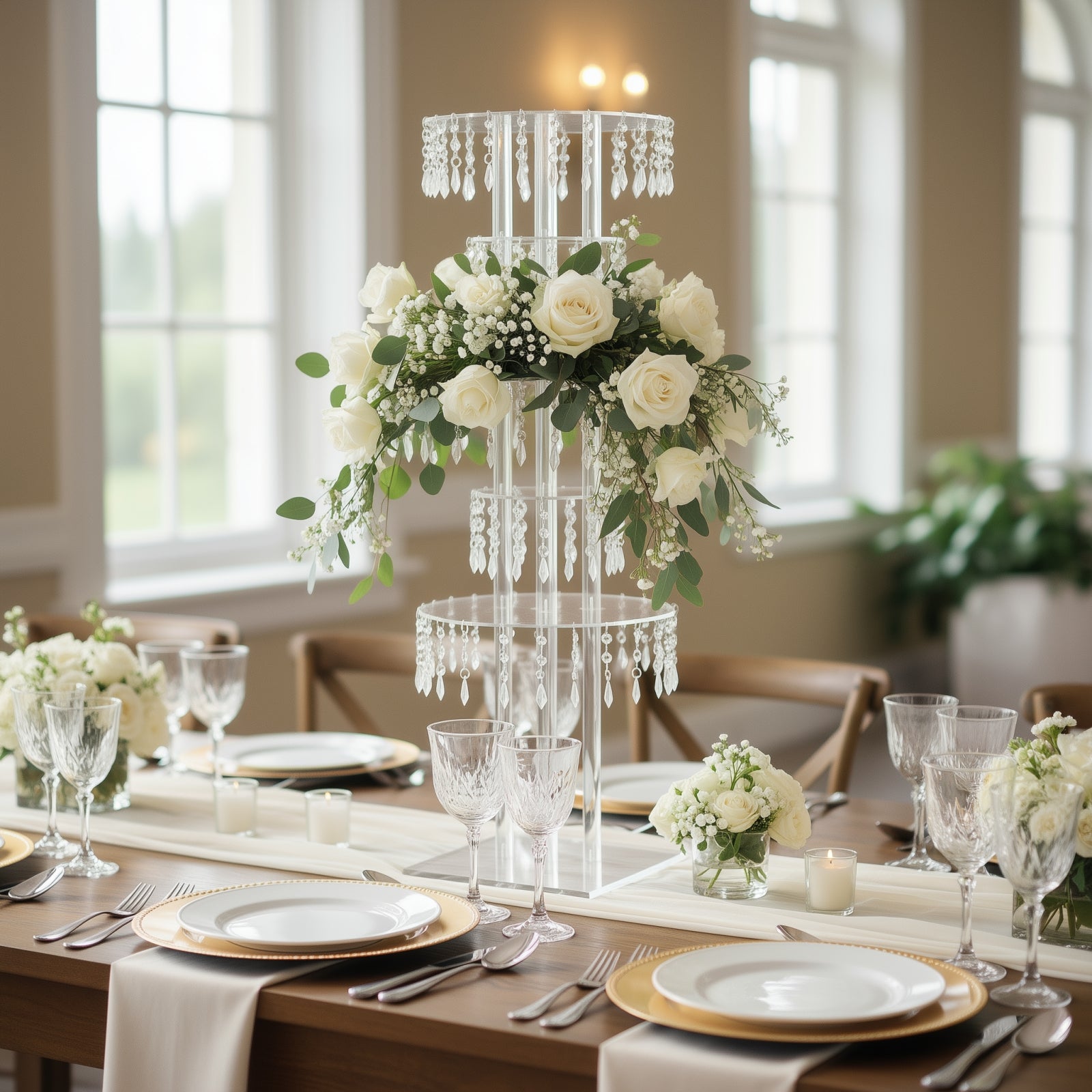 Clear acrylic chandelier flower stand centerpiece with hanging crystals and white flowers.