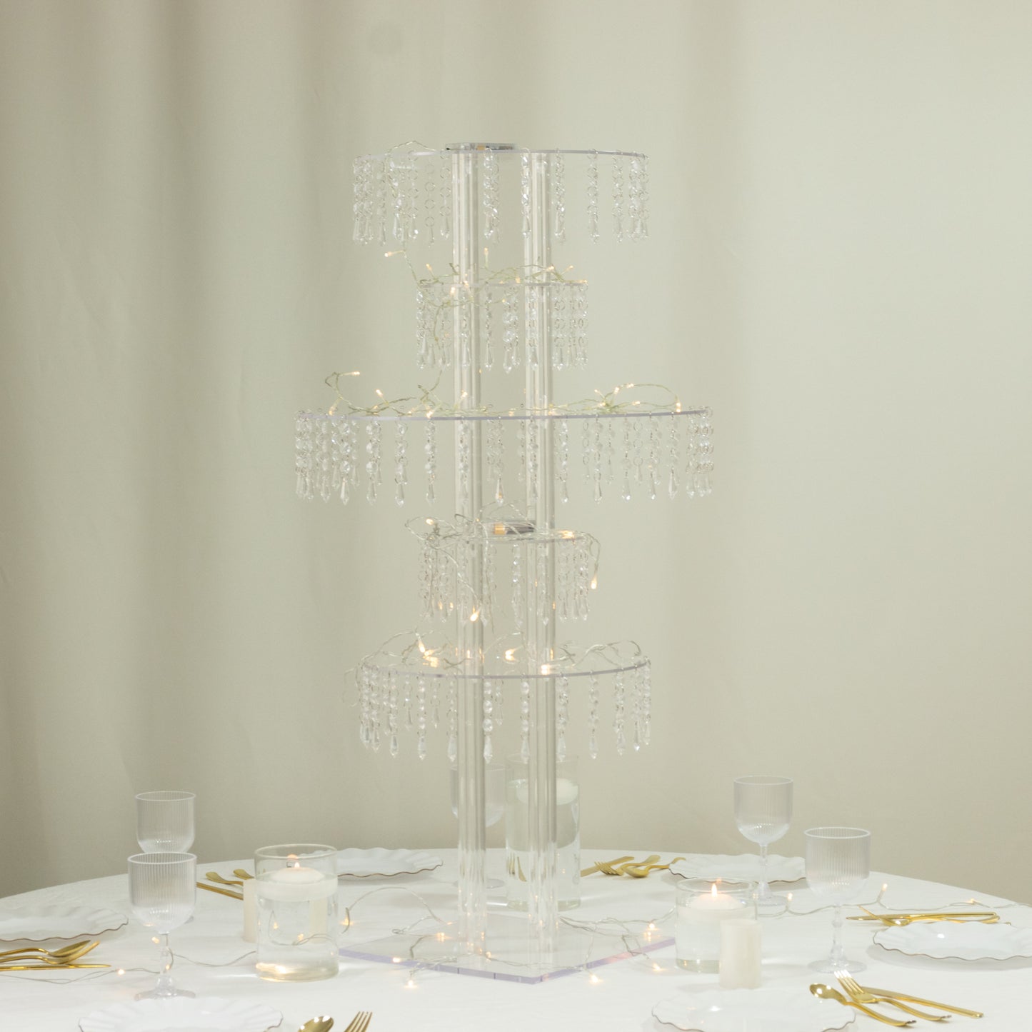 Clear acrylic chandelier flower stand with hanging crystals, 39" tall centerpiece.
