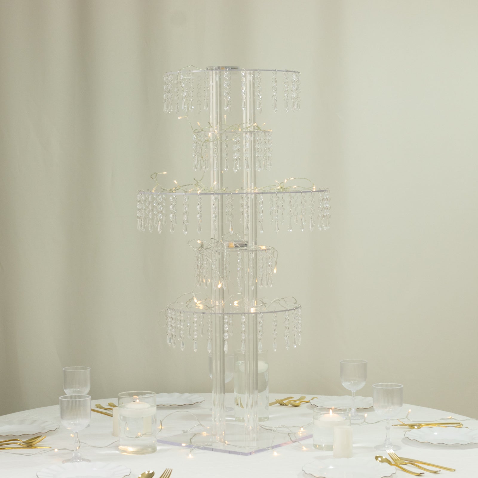 Clear acrylic chandelier flower stand with hanging crystals, 39" tall centerpiece.