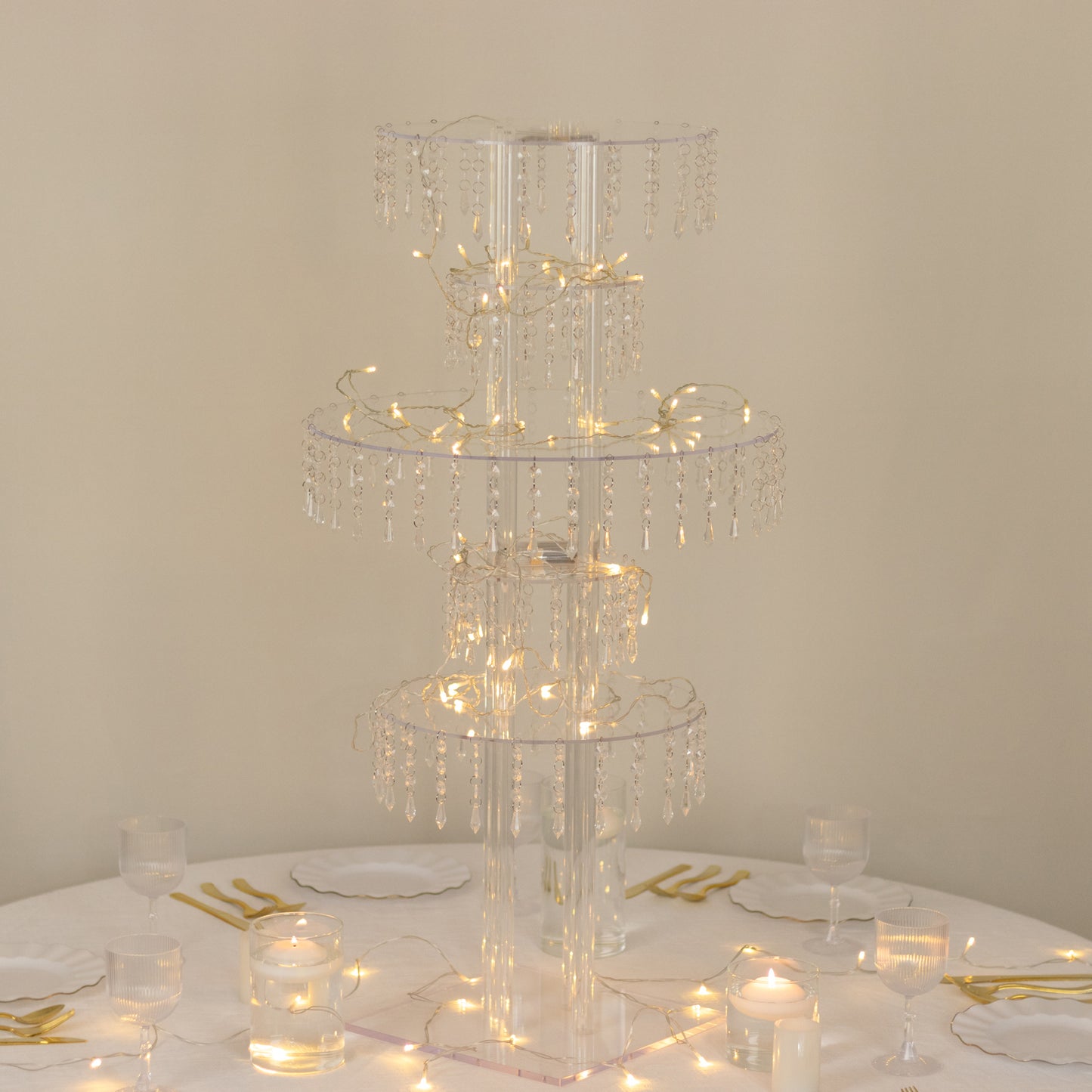Clear acrylic chandelier flower stand with hanging crystals, 39" tall centerpiece.