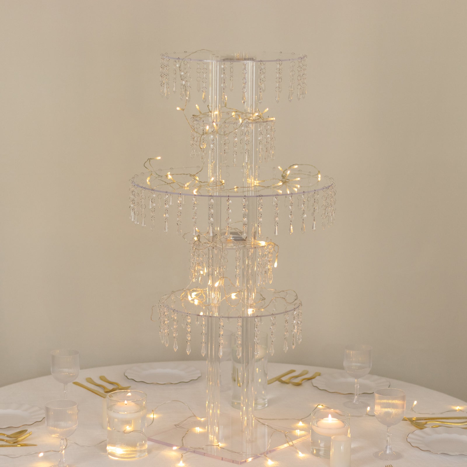 Clear acrylic chandelier flower stand with hanging crystals, 39" tall centerpiece.