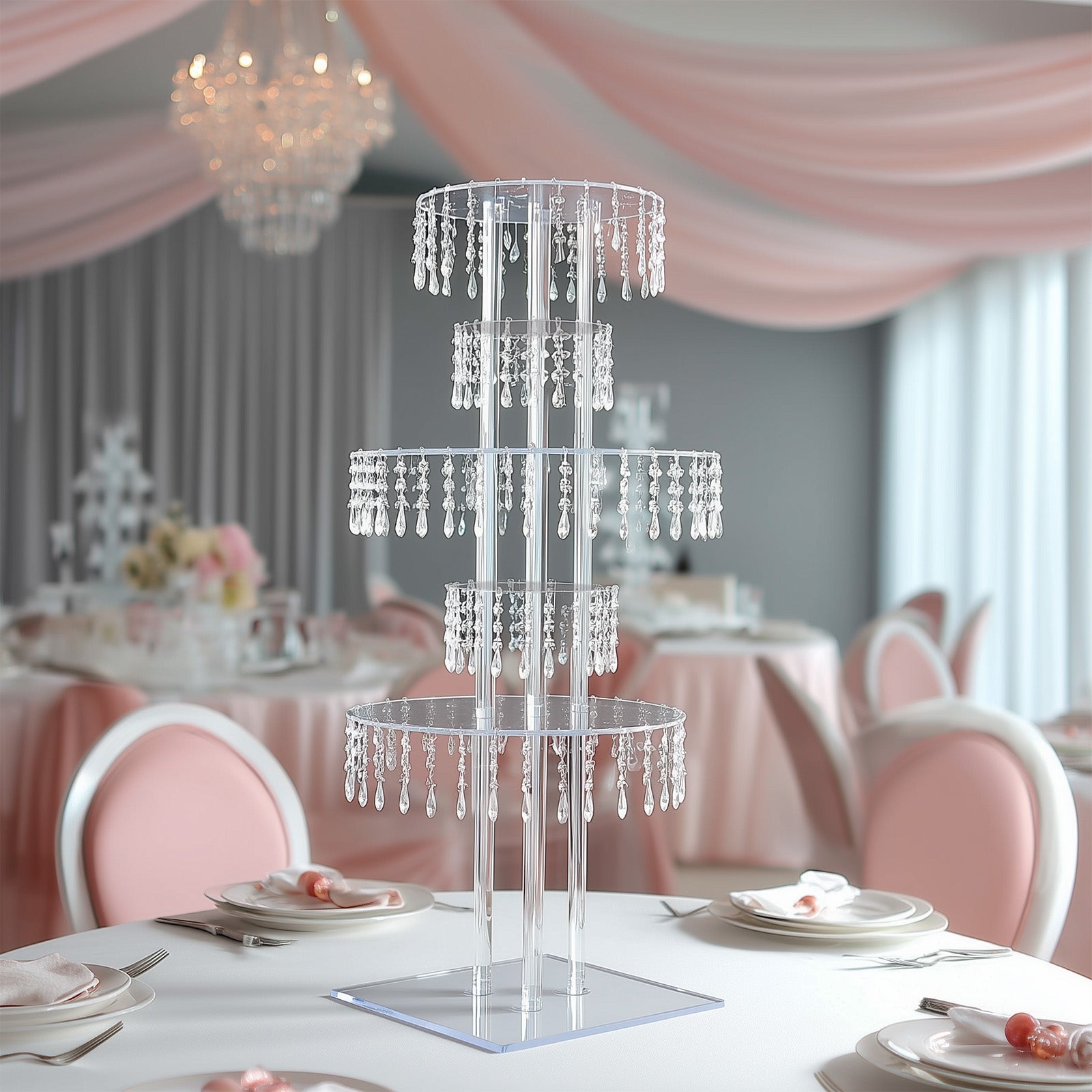 Clear acrylic chandelier flower stand with hanging crystals, 39" tall centerpiece.