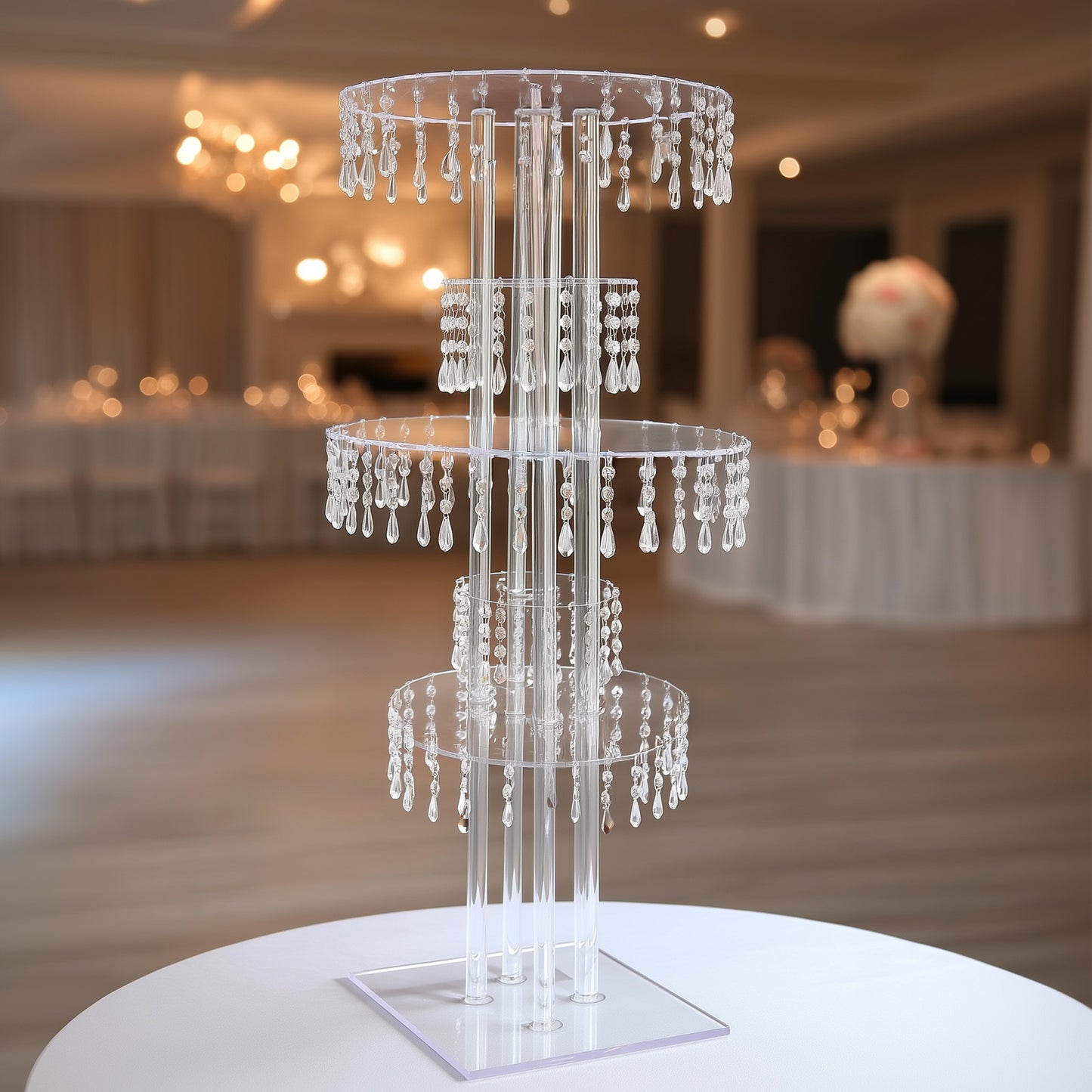 Clear acrylic chandelier flower stand with hanging crystals, 39" tall centerpiece.