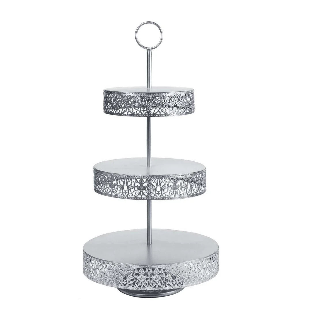 Silver 3-tier cupcake stand with decorative filigree design.