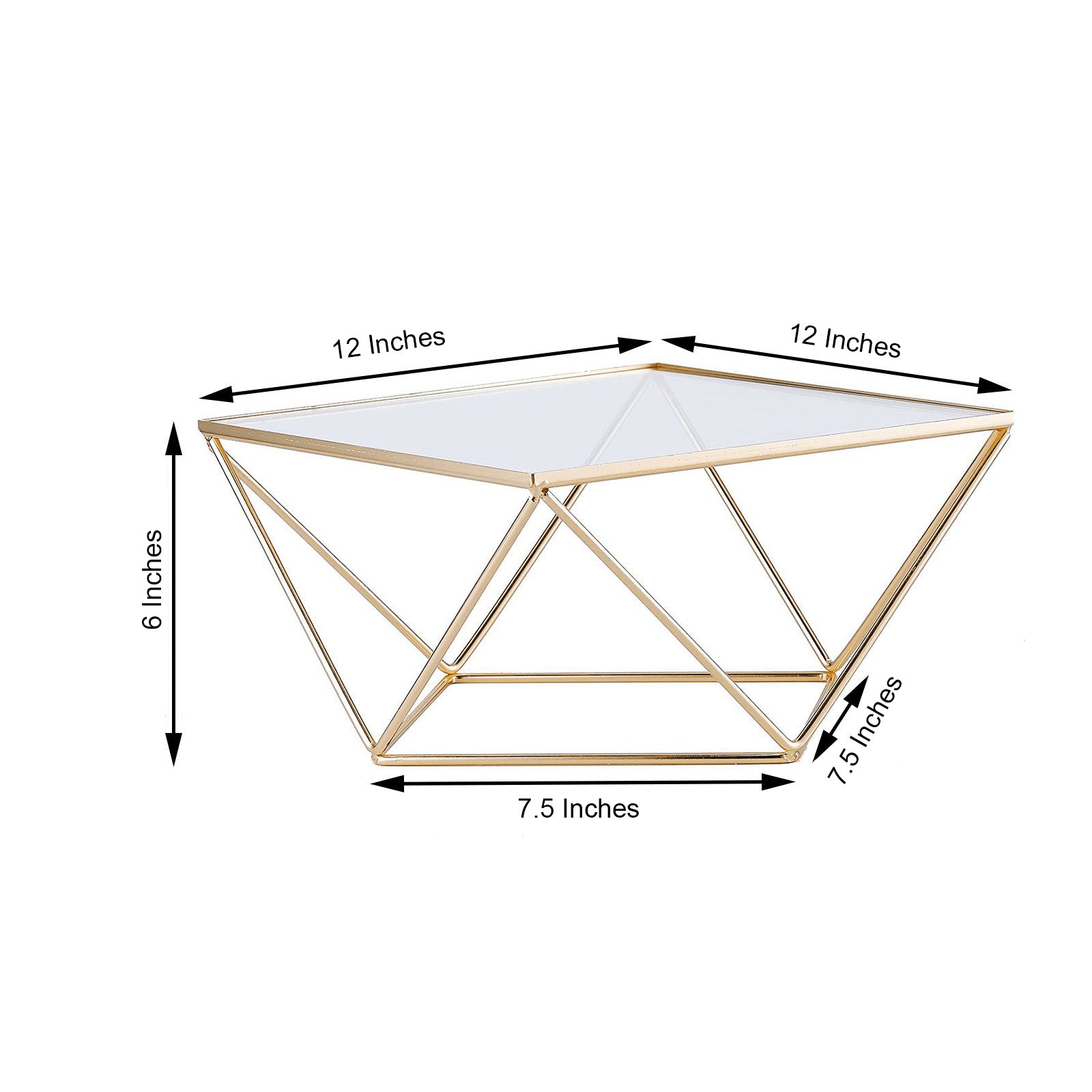 Gold geometric cake stand display with square glass top, 12 inches.