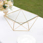 Gold geometric cake stand with square glass top, perfect for displays.