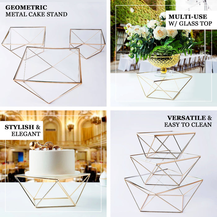 Gold geometric cake stand display with square glass top centerpiece.