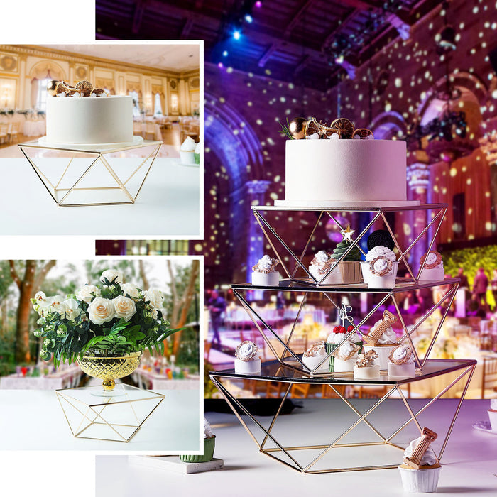 Gold geometric cake stand with square glass top, perfect for displays and centerpieces.