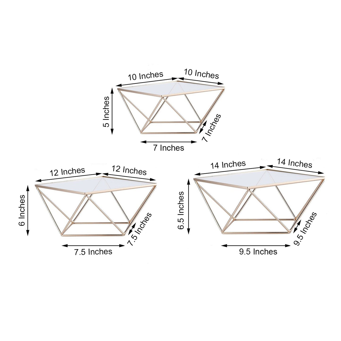 Gold geometric stackable cake stands with glass tops, set of 3.