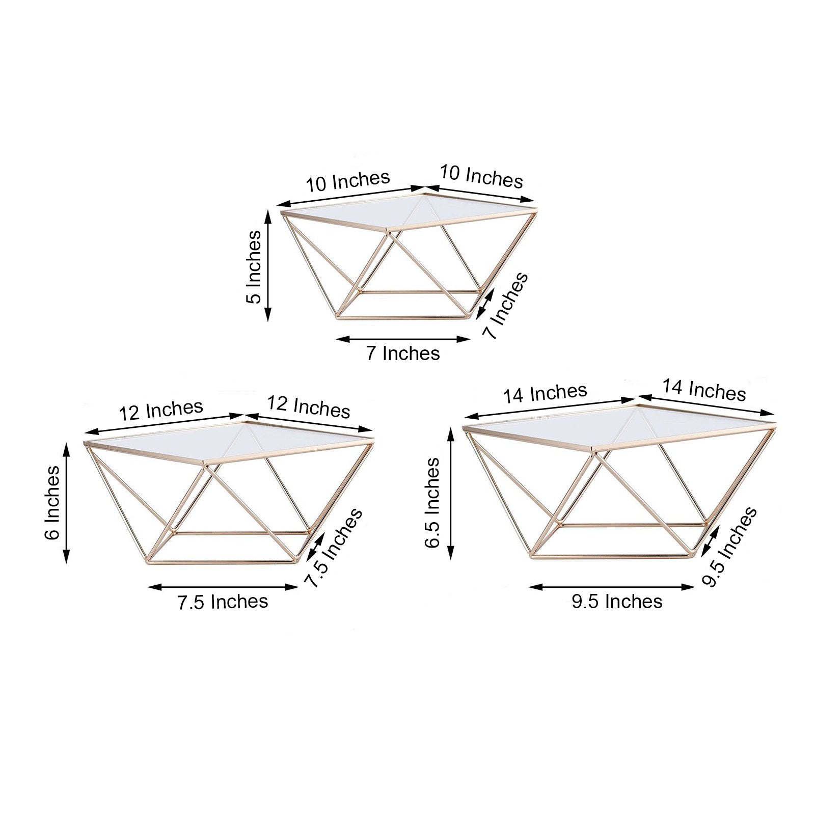 Gold geometric stackable cake stands with glass tops, set of 3.