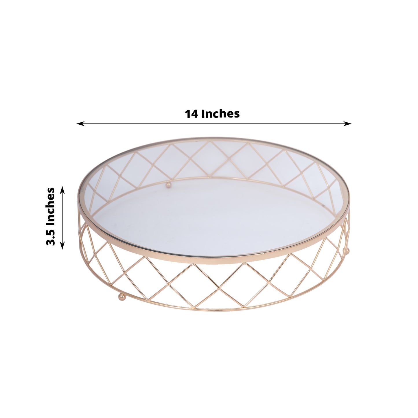 Gold geometric diamond cut cake stand with glass top, 14 inches in diameter.