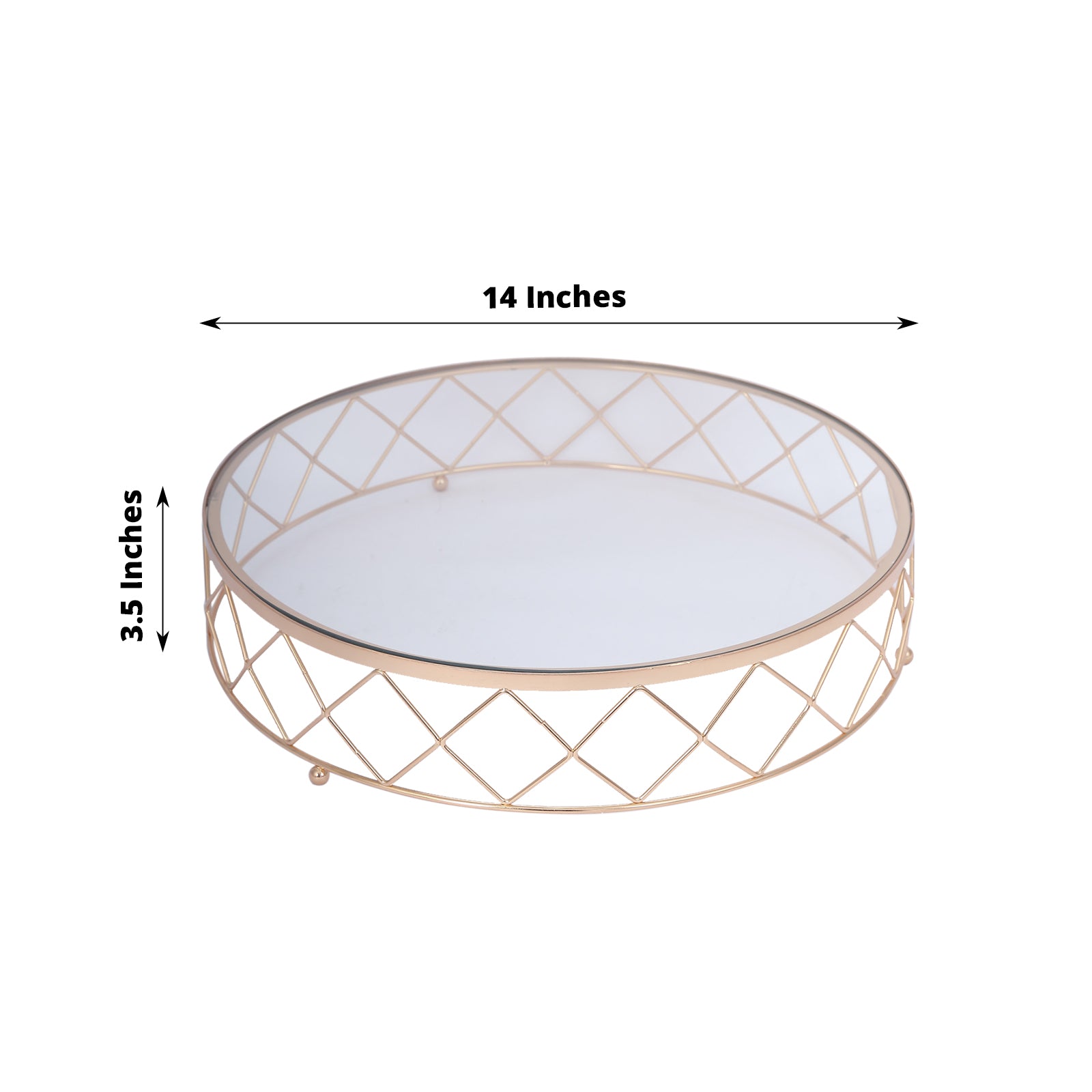 Gold geometric diamond cut cake stand with glass top, 14 inches in diameter.