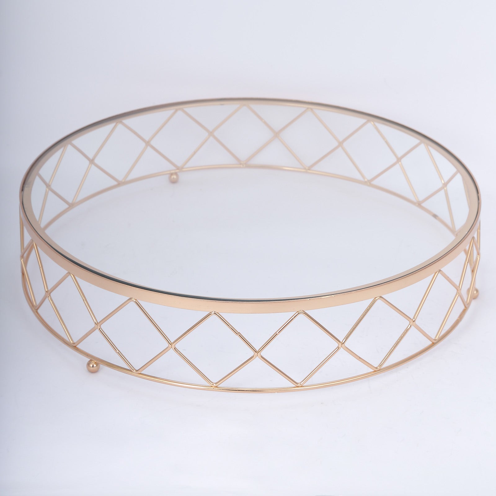 14" gold geometric diamond cut cake stand with glass top.