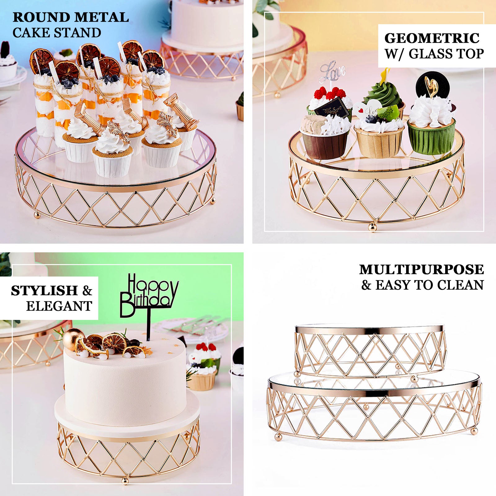 Gold geometric diamond cut cake stand with glass top, perfect for dessert display.