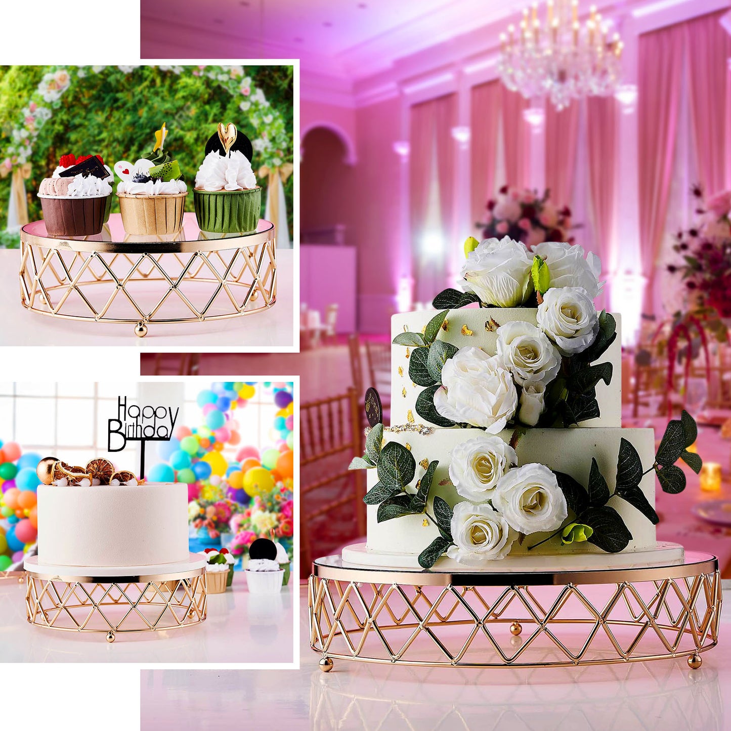 Gold geometric diamond cut cake stand with glass top for dessert display.