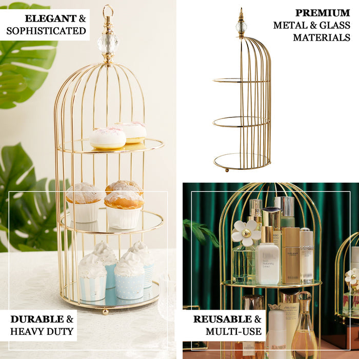 Gold 3-tier bird cage cupcake stand with crystal top and mirror base.