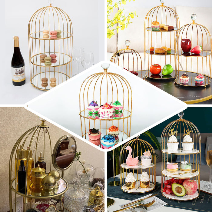 Gold 3-tier bird cage cupcake stand with mirror base, ideal for serving treats.