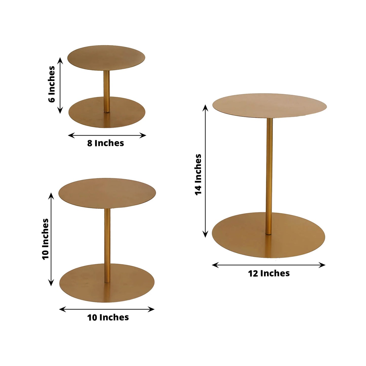 Gold metal round pedestal cupcake dessert stands set of 3, 8", 10", 12".