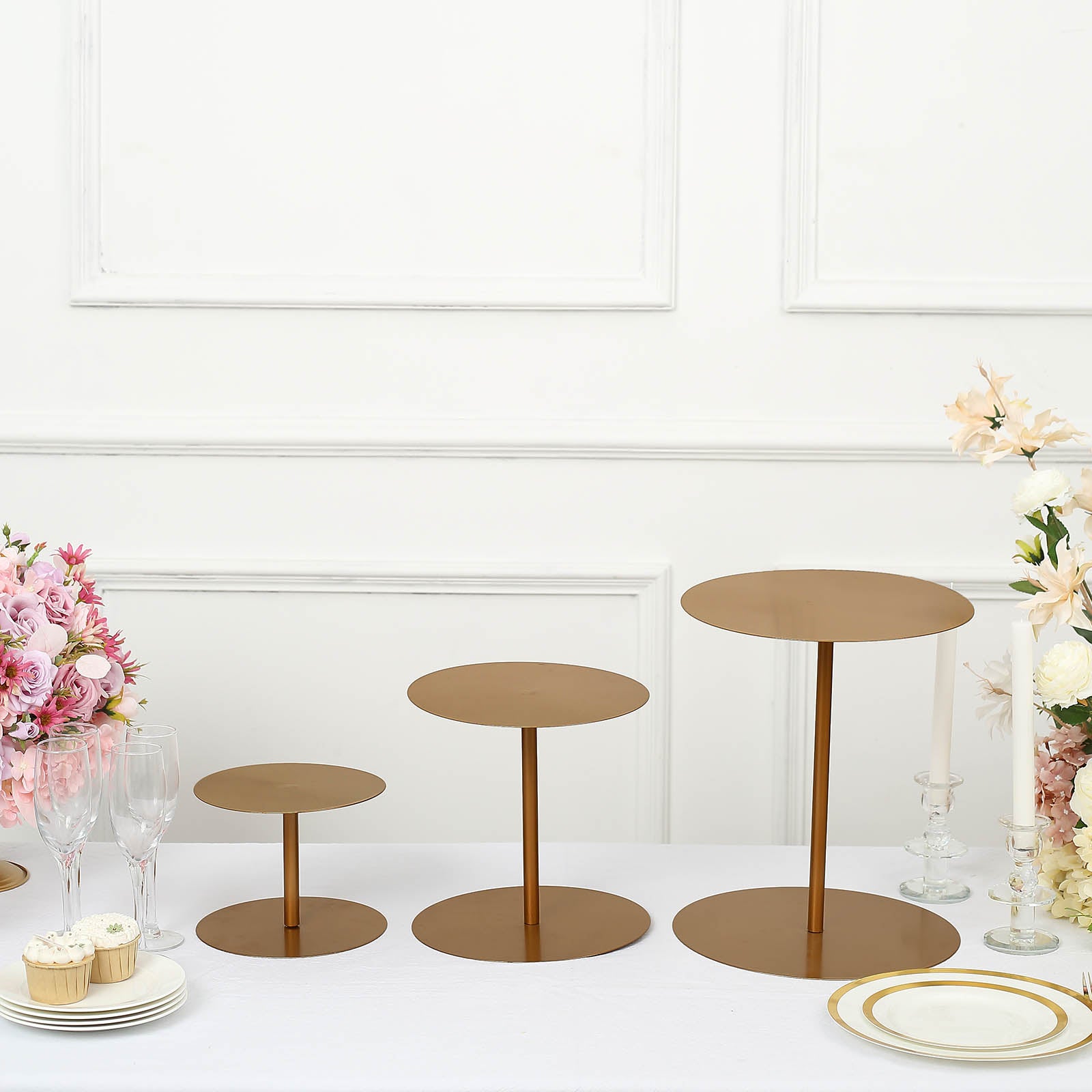 Gold metal round pedestal cupcake dessert stands, set of 3, 8", 10", 12".