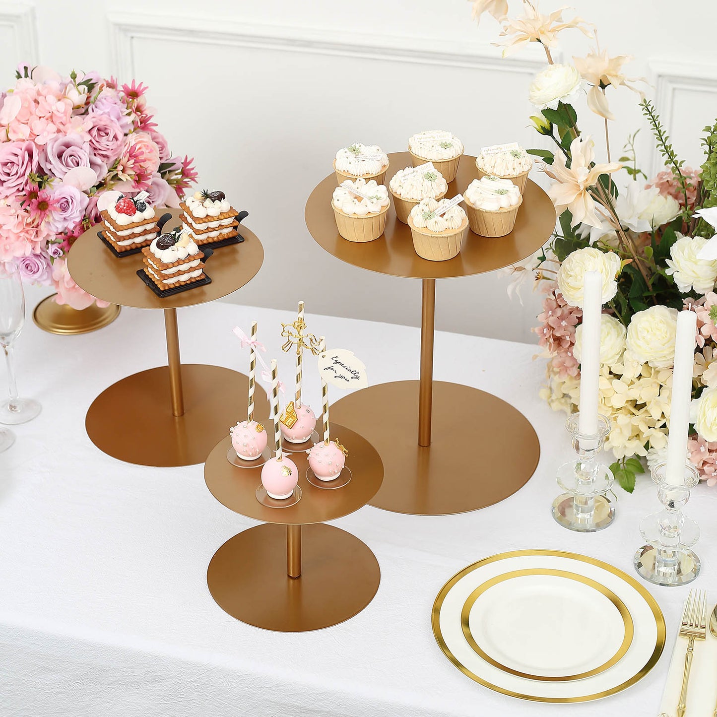 Gold metal round pedestal cupcake dessert stands set, perfect for cake display.