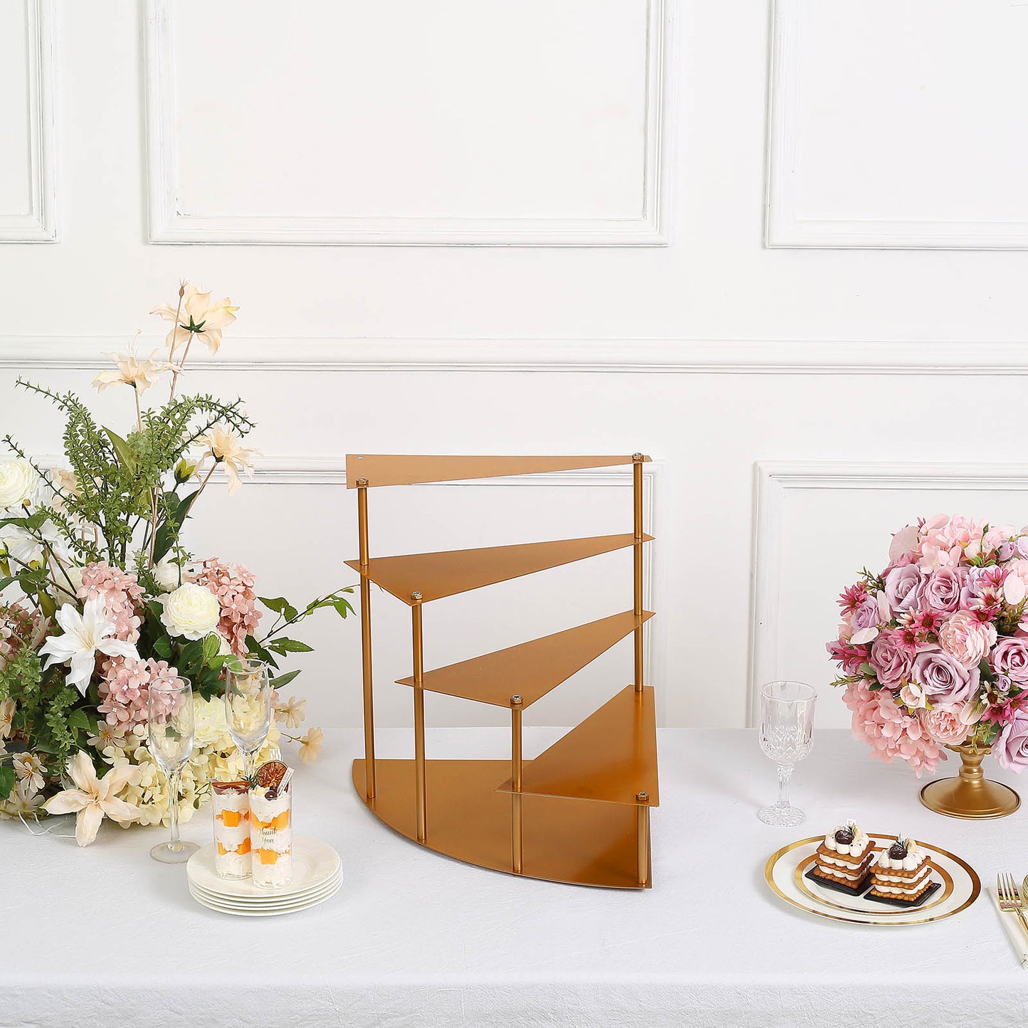 17" Tall 4-Tier Gold Metal Spiral Stairway Step Cake Pedestal Stand, Dessert Cupcake Display Tray