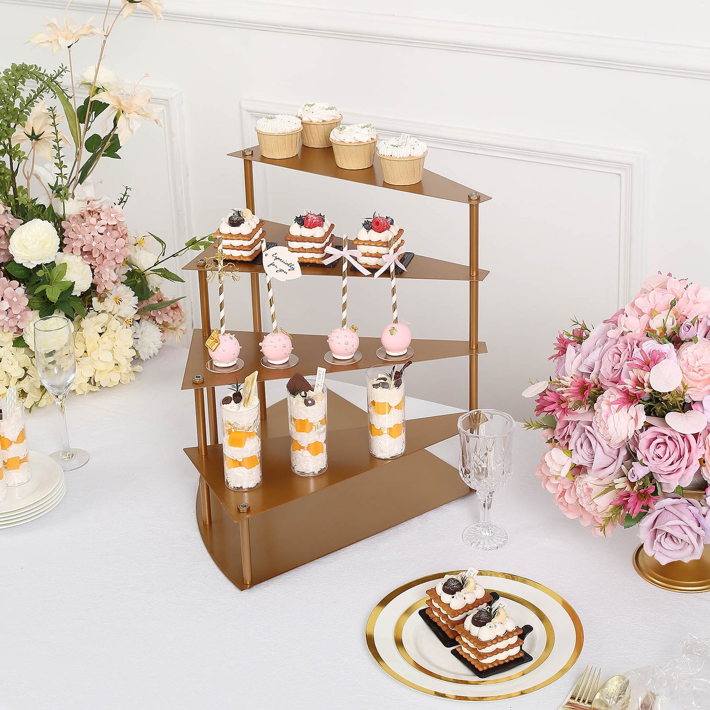 17" Tall 4-Tier Gold Metal Spiral Stairway Step Cake Pedestal Stand, Dessert Cupcake Display Tray