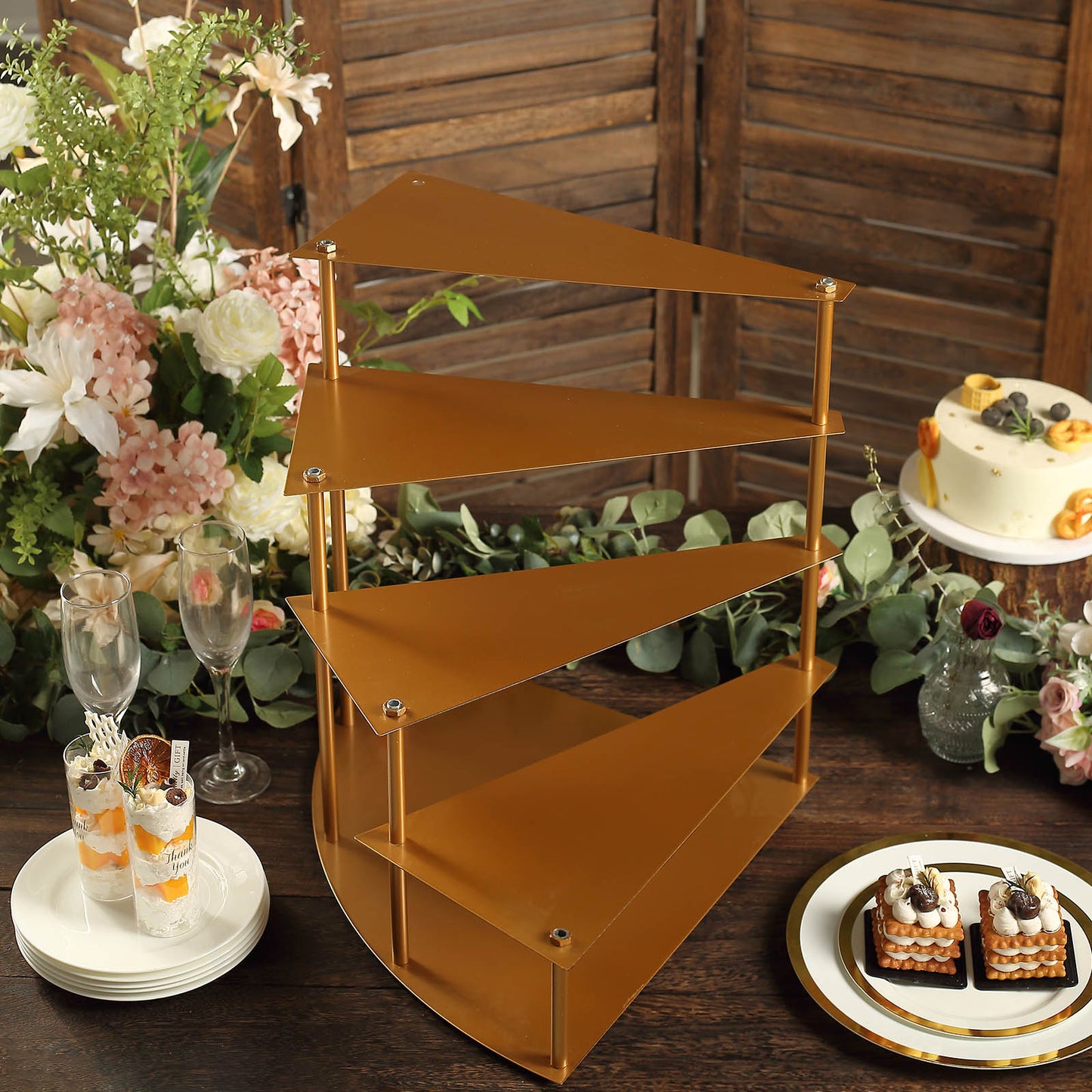 17" Tall 4-Tier Gold Metal Spiral Stairway Step Cake Pedestal Stand, Dessert Cupcake Display Tray