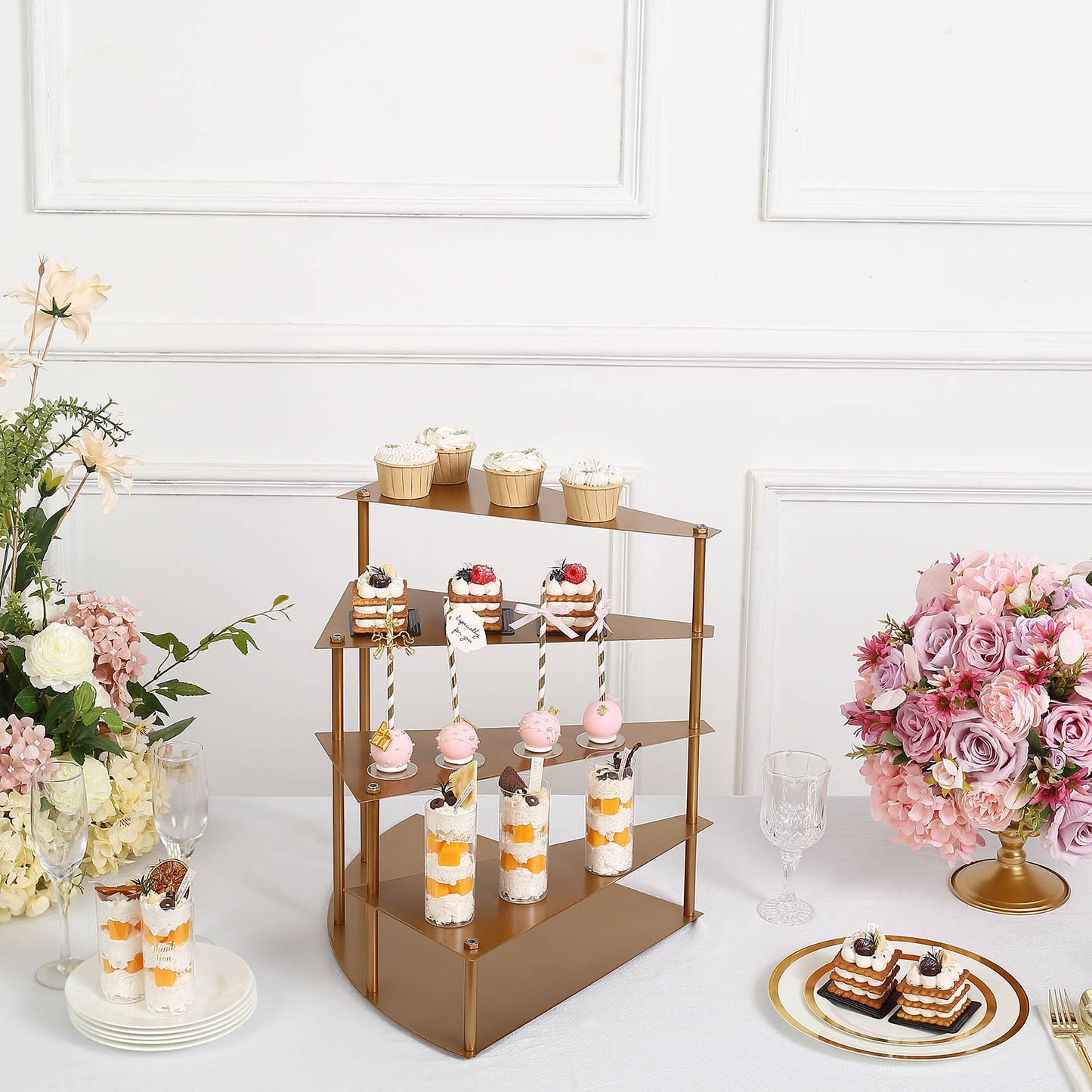 17" Tall 4-Tier Gold Metal Spiral Stairway Step Cake Pedestal Stand, Dessert Cupcake Display Tray