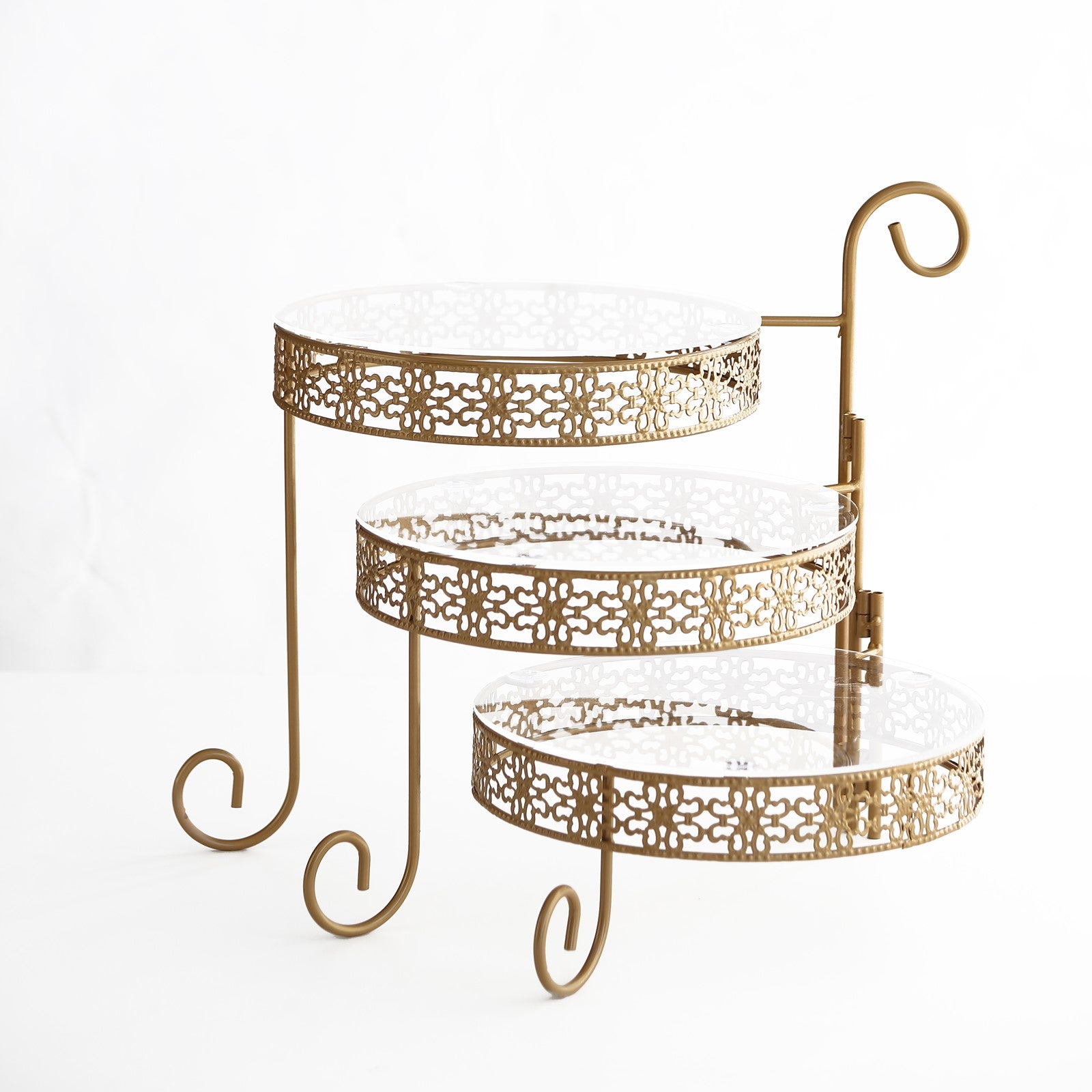Gold metal rotating 3-tier cupcake stand with clear acrylic plates.
