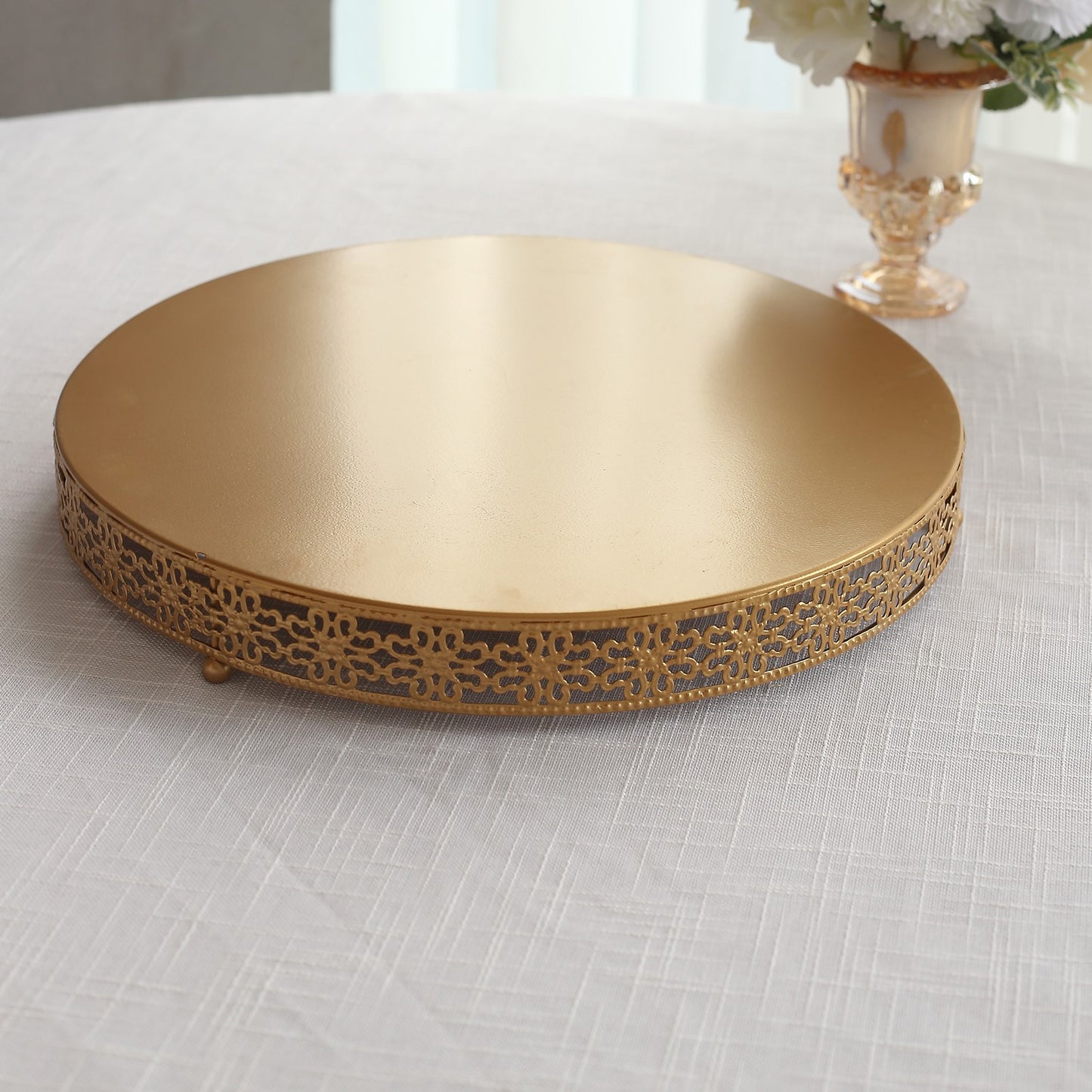 Gold metal Fleur De Lis cupcake display stand, round pedestal centerpiece.
