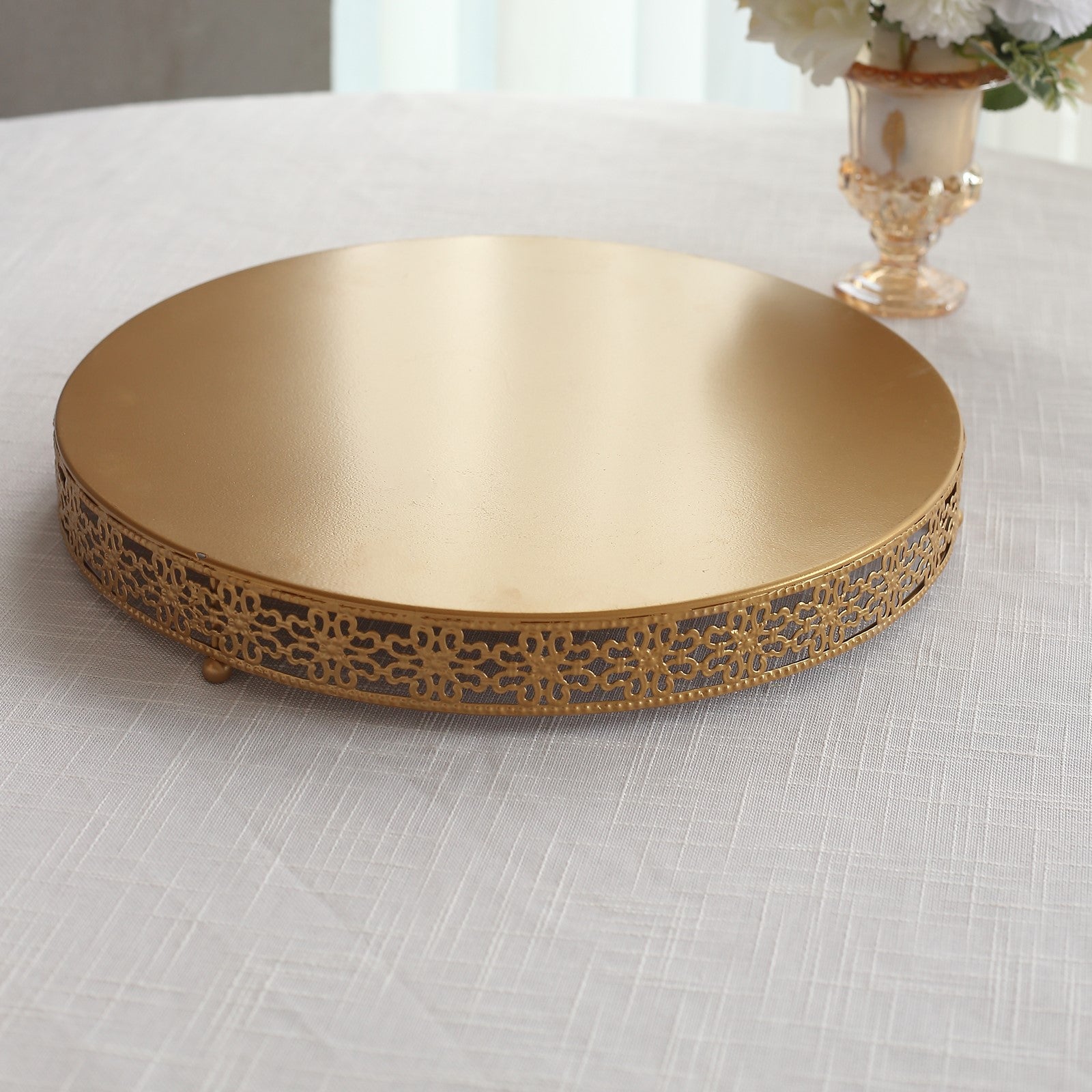 Gold metal Fleur De Lis cupcake display stand, round pedestal centerpiece.