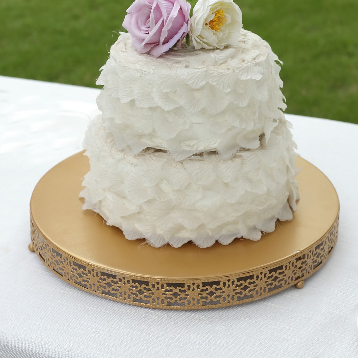 Gold metal cupcake dessert display stand with a round pedestal design.