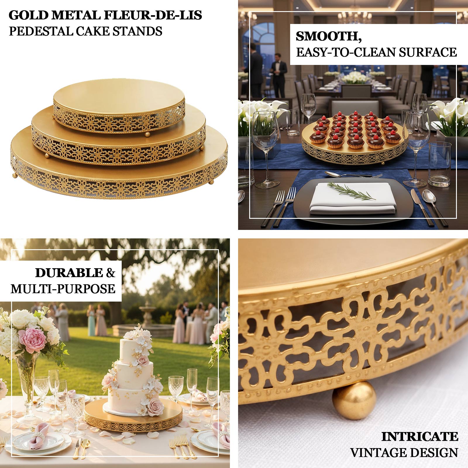 Gold metal fleur-de-lis cupcake stand, round pedestal for desserts and centerpieces.