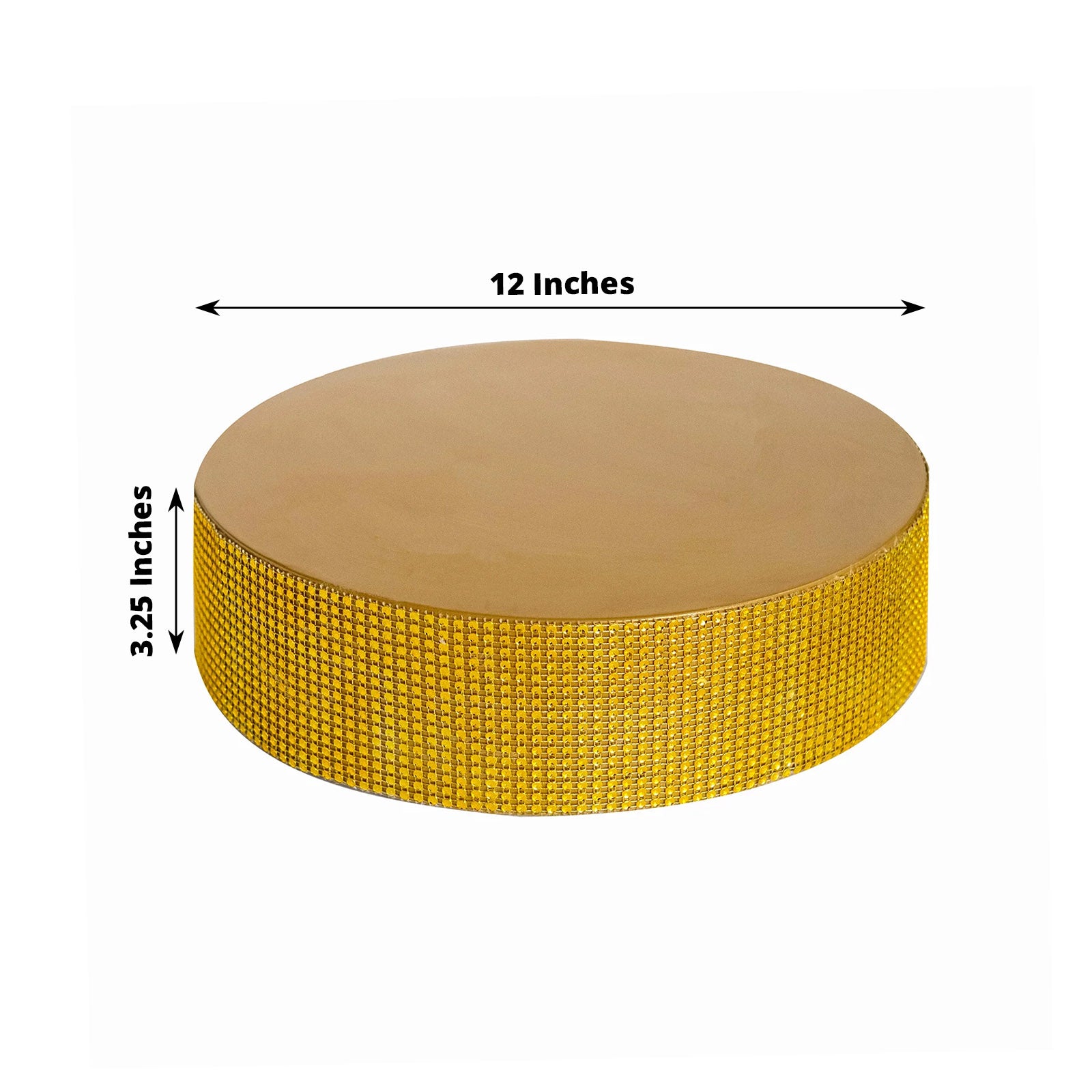 Gold round metal pedestal cake stand with rhinestones, 12 inches in diameter.