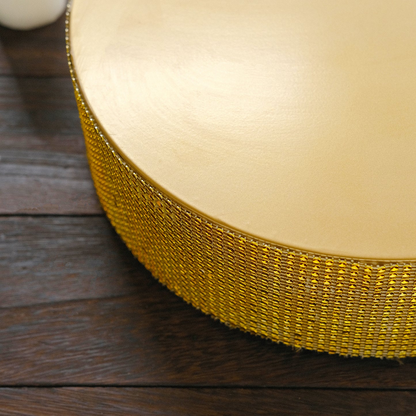 Gold rhinestone round metal pedestal cake stand for dessert display.