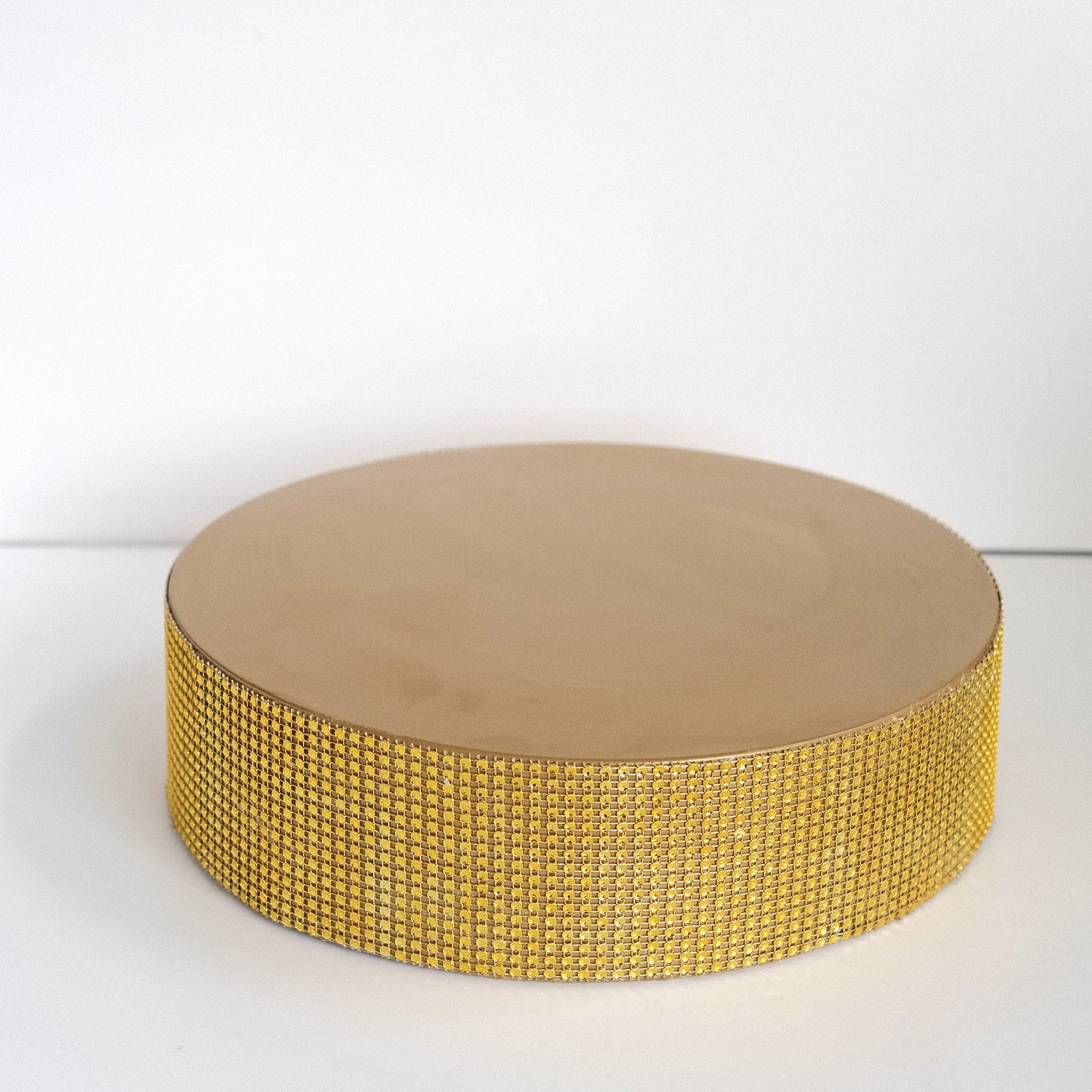 Gold rhinestone round metal pedestal cake stand for dessert display.