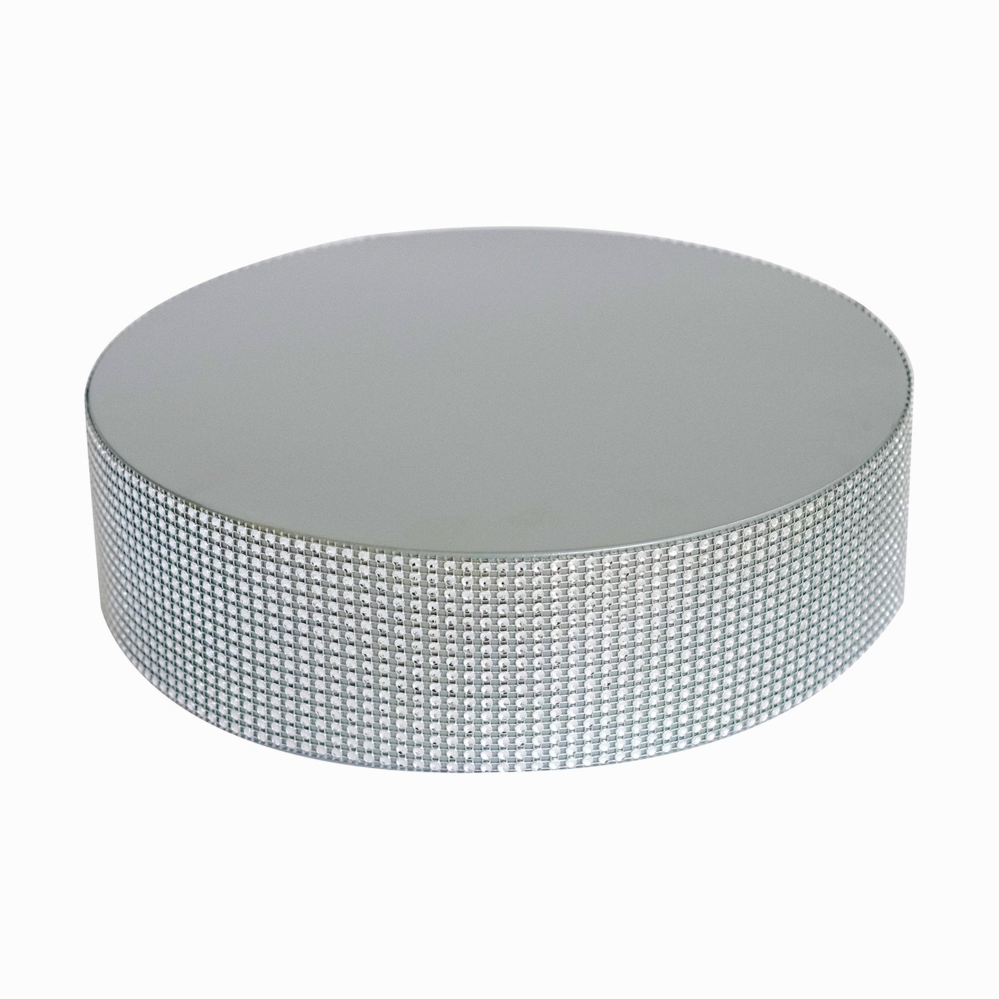 Silver rhinestone round metal pedestal cake stand for dessert display.